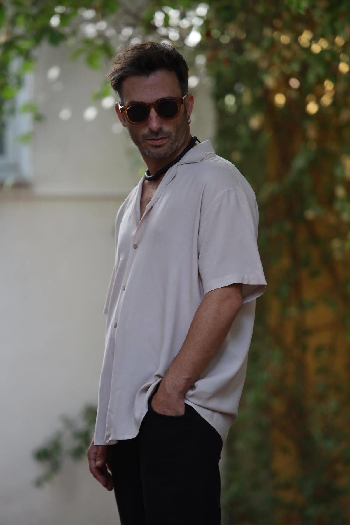 Krem Rengi Kısa Kollu Erkek Gömlek