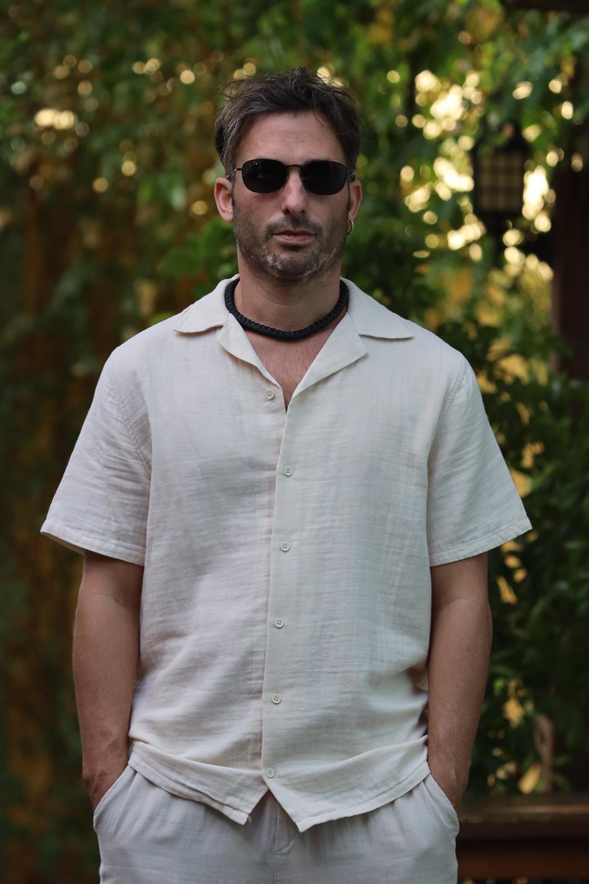 Krem Rengi Kısa Kollu Erkek Gömlek