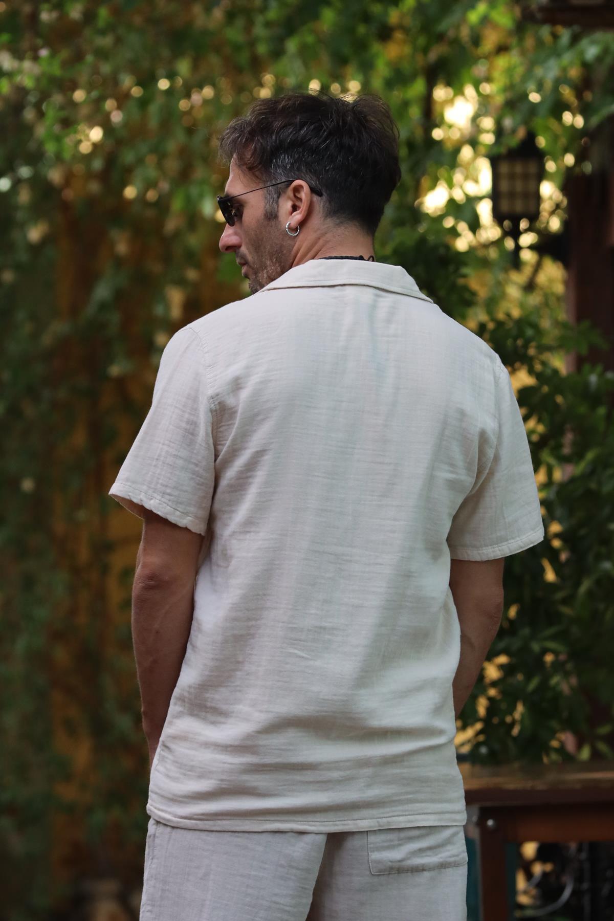 Krem Rengi Kısa Kollu Erkek Gömlek