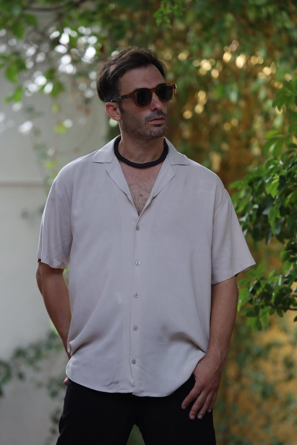 Krem Rengi Kısa Kollu Erkek Gömlek