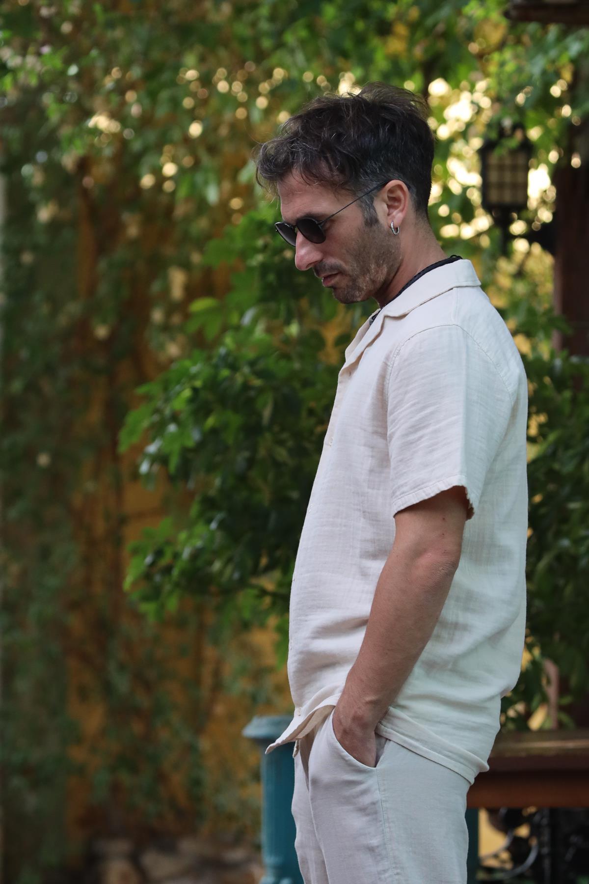 Krem Rengi Kısa Kollu Erkek Gömlek