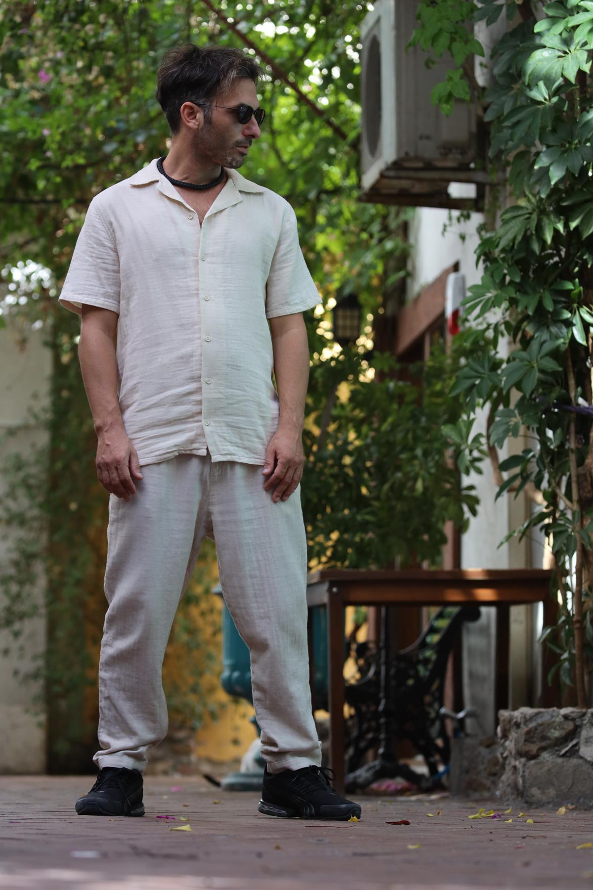 Krem Rengi Kısa Kollu Erkek Gömlek