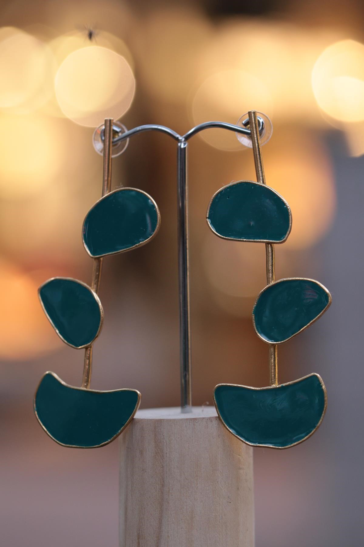 Petrol Yeşili Tasarım Uzun Küpe - Şaman Butik Petrol Yeşili Tasarım Uzun Küpe