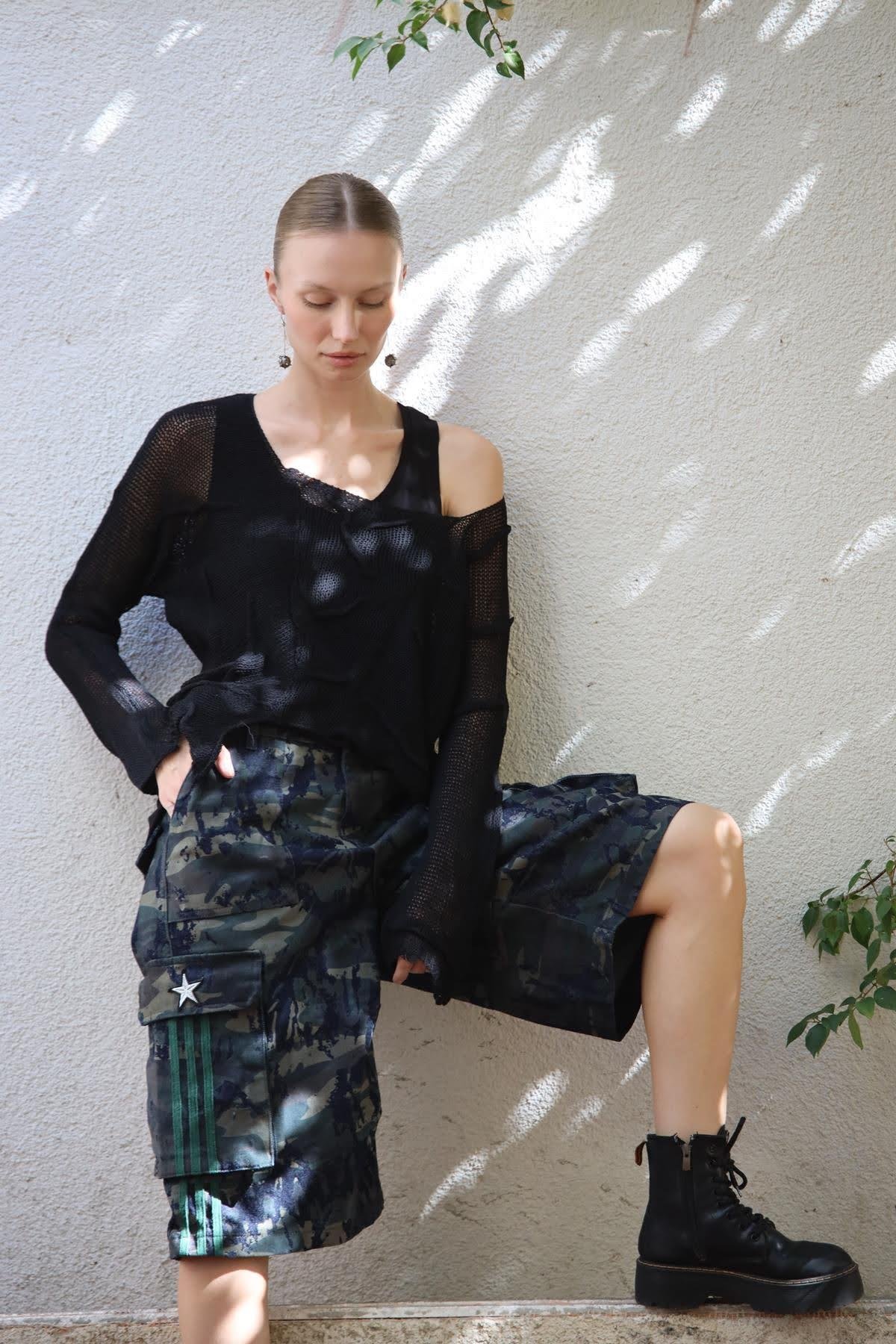 Lacivert Kamuflaj Baskılı Kot Bermuda Şort