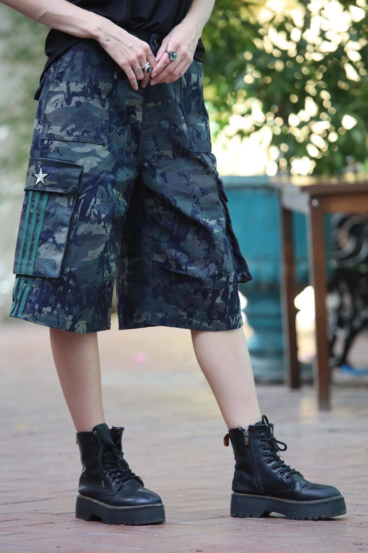 Lacivert Kamuflaj Baskılı Kot Bermuda Şort