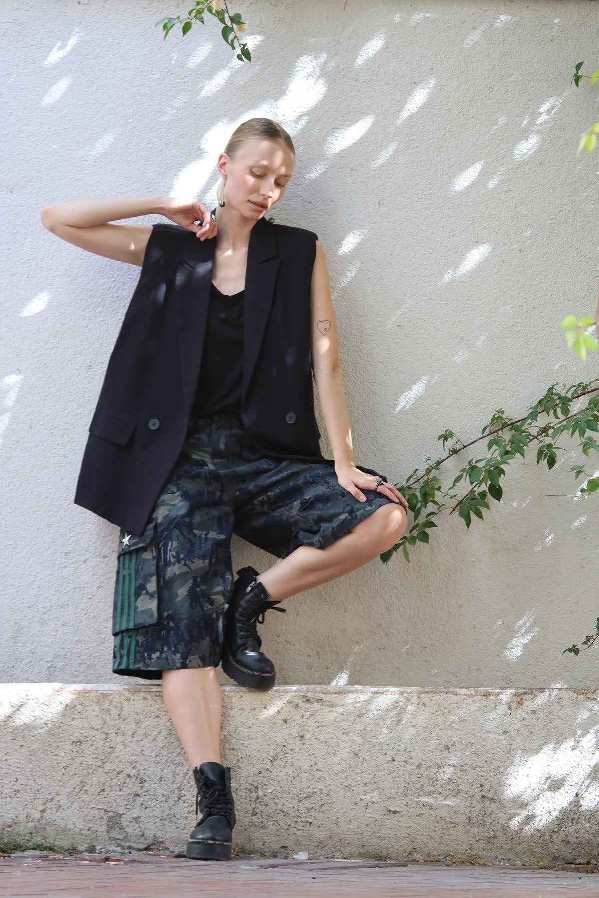 Lacivert Kamuflaj Baskılı Kot Bermuda Şort