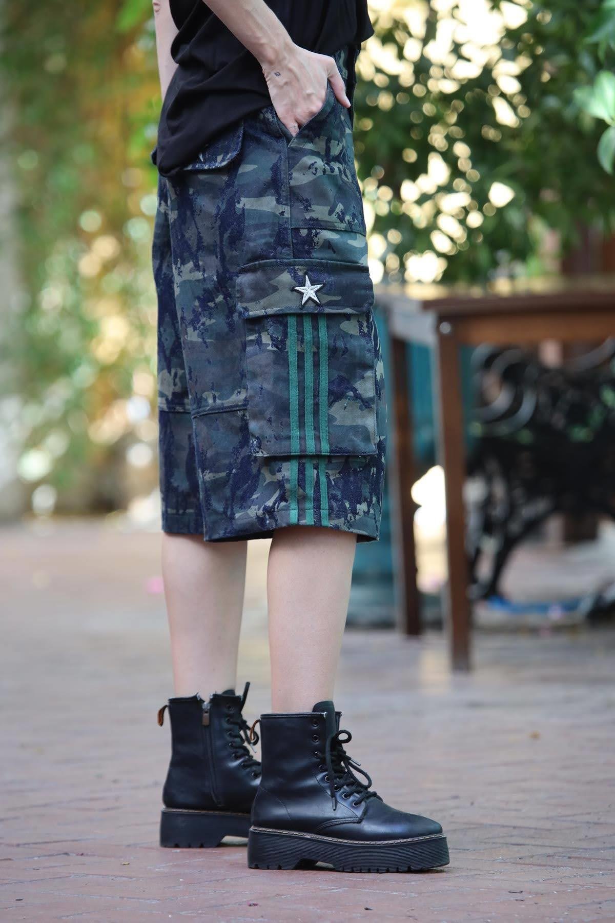 Lacivert Kamuflaj Baskılı Kot Bermuda Şort