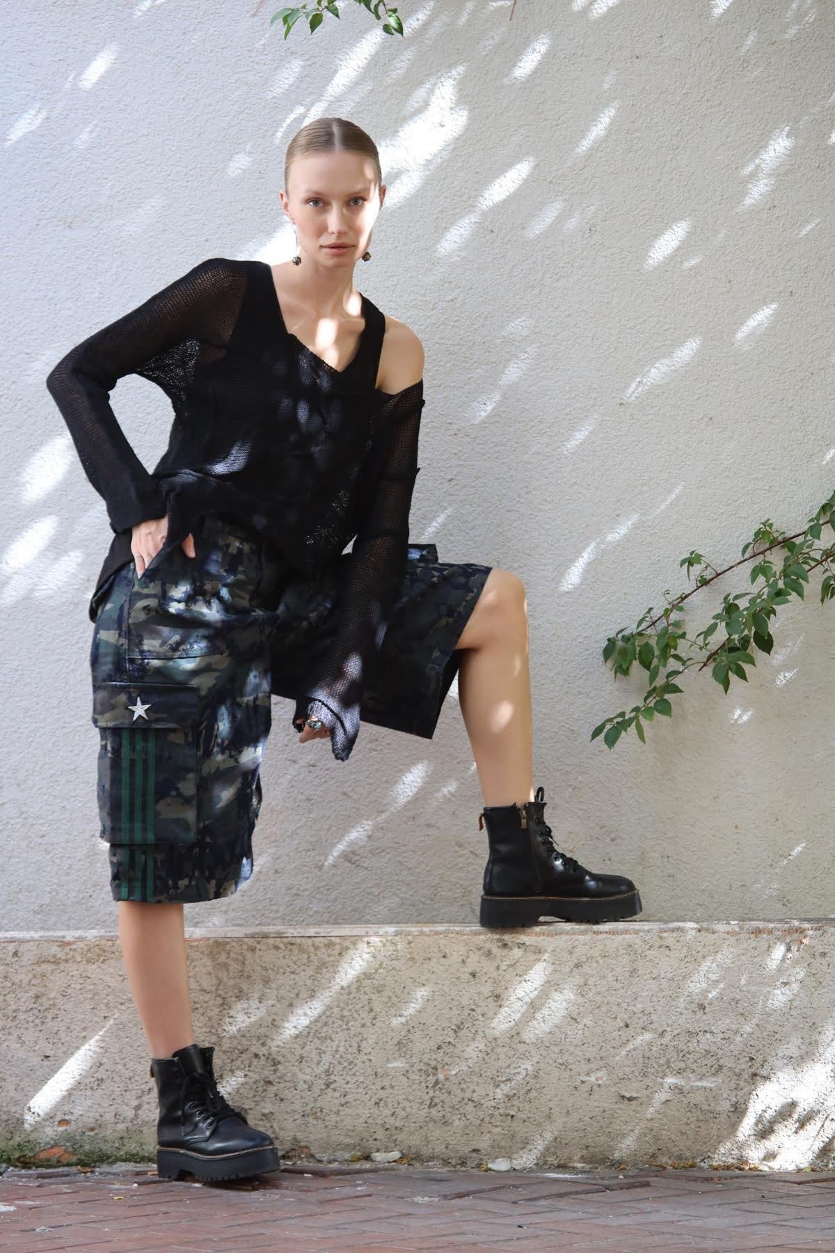 Lacivert Kamuflaj Baskılı Kot Bermuda Şort