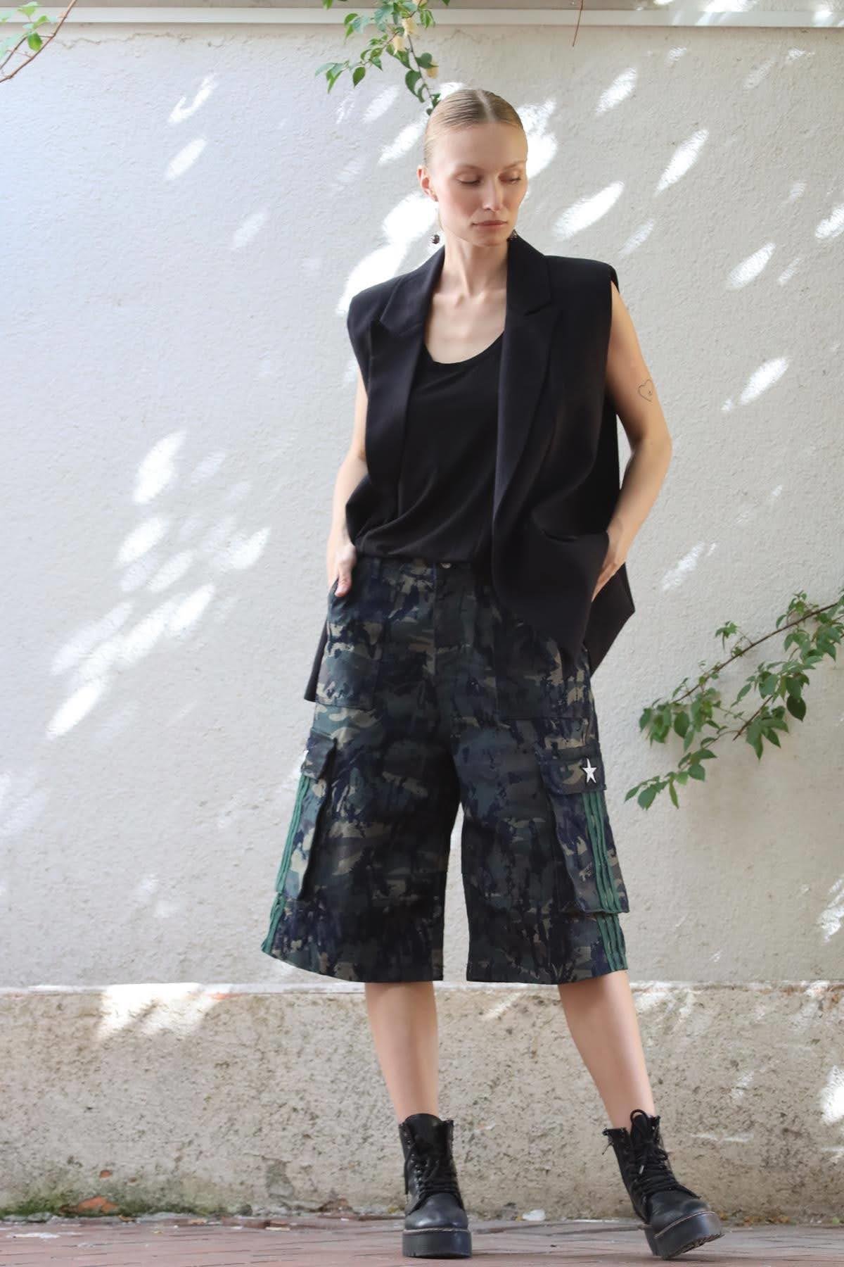 Lacivert Kamuflaj Baskılı Kot Bermuda Şort