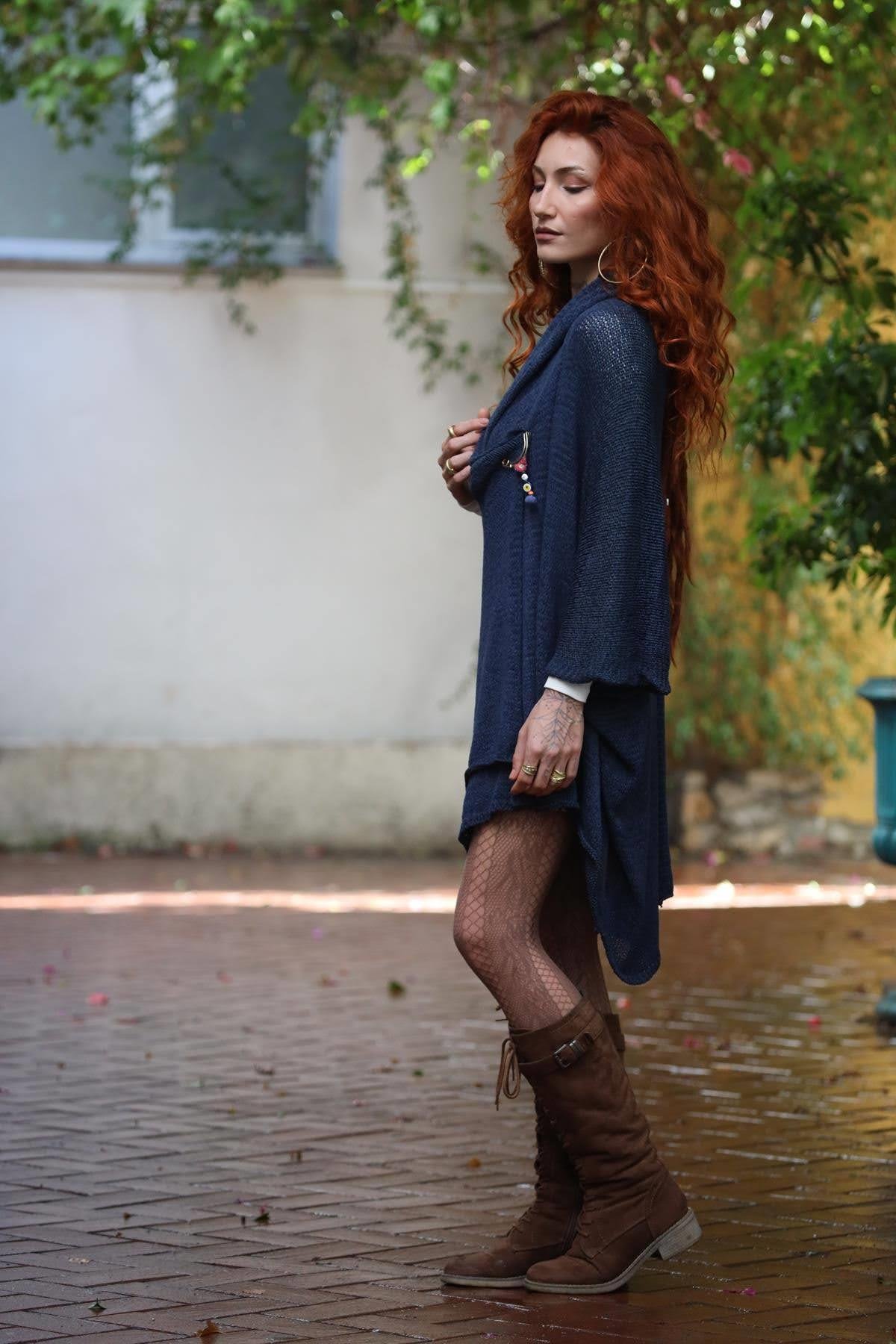 Lacivert Kapüşonlu Merserize Hırka