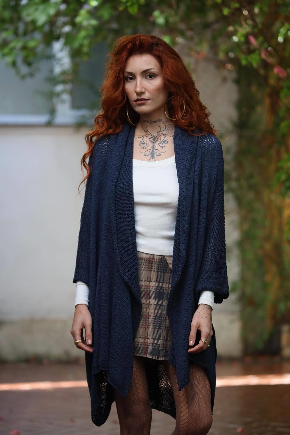 Lacivert Kapüşonlu Merserize Hırka