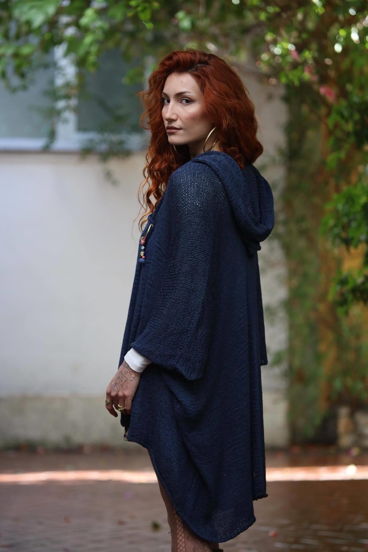 Lacivert Kapüşonlu Merserize Hırka