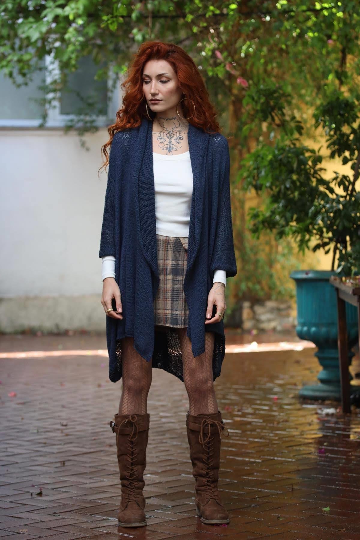 Lacivert Kapüşonlu Merserize Hırka