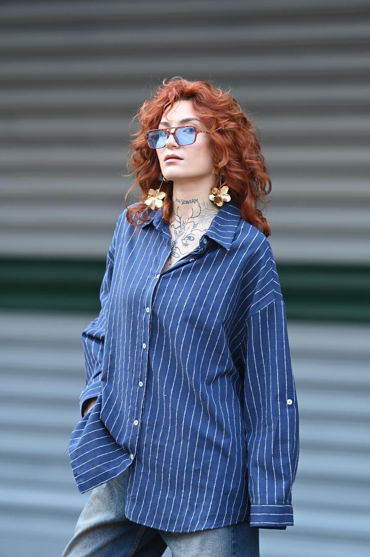 Navy Blue Striped Linen Shirt