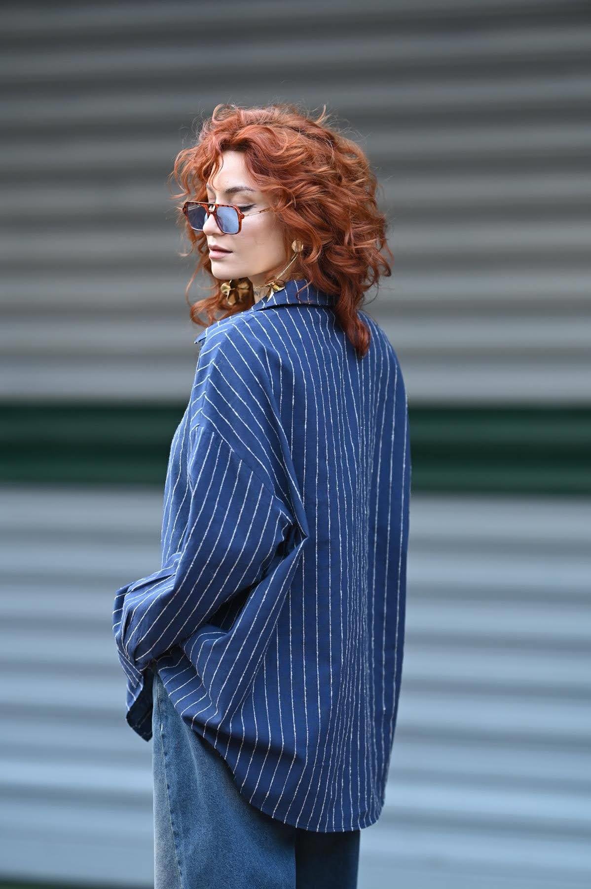 Navy Blue Striped Linen Shirt
