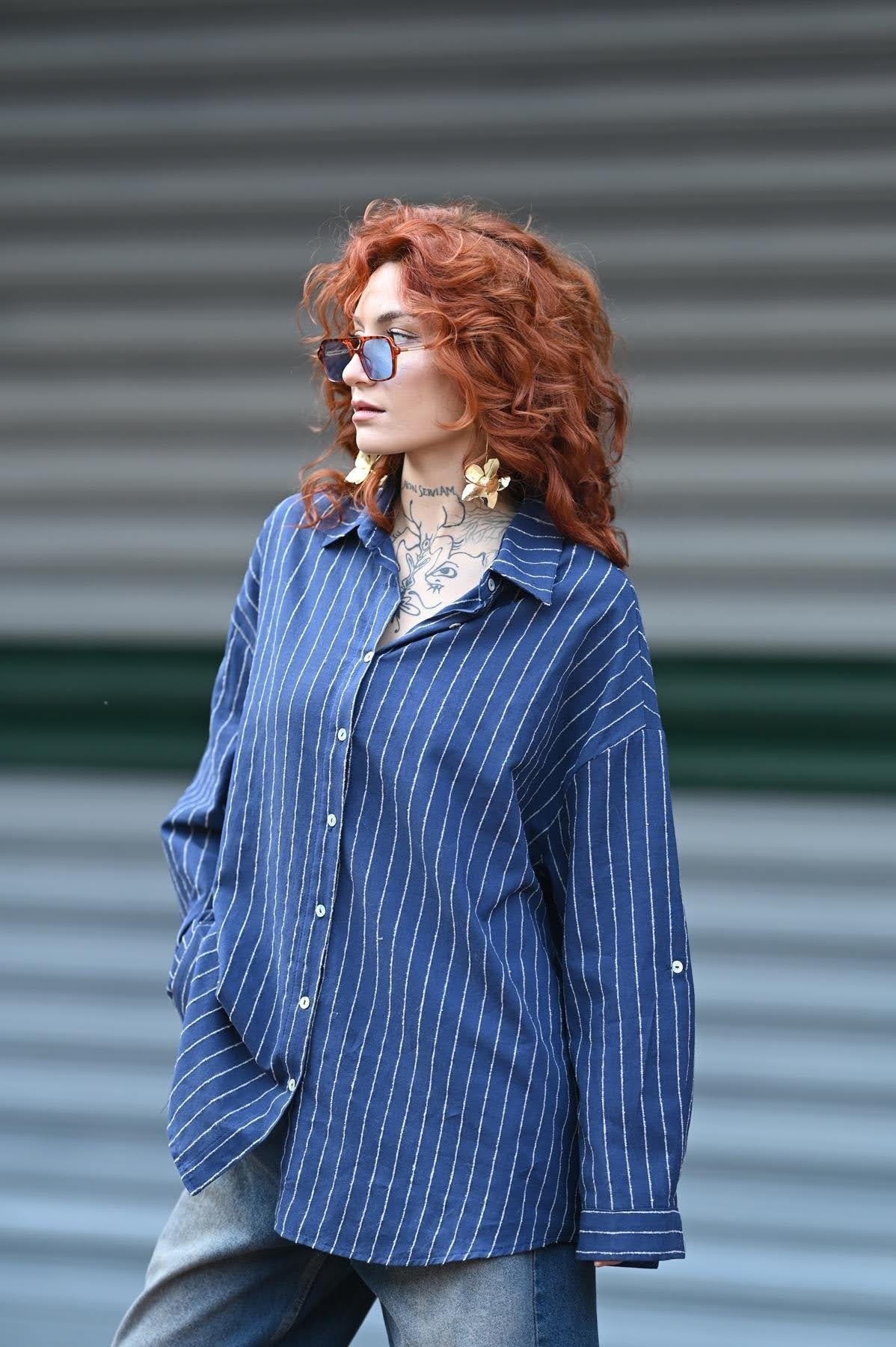 Navy Blue Striped Linen Shirt