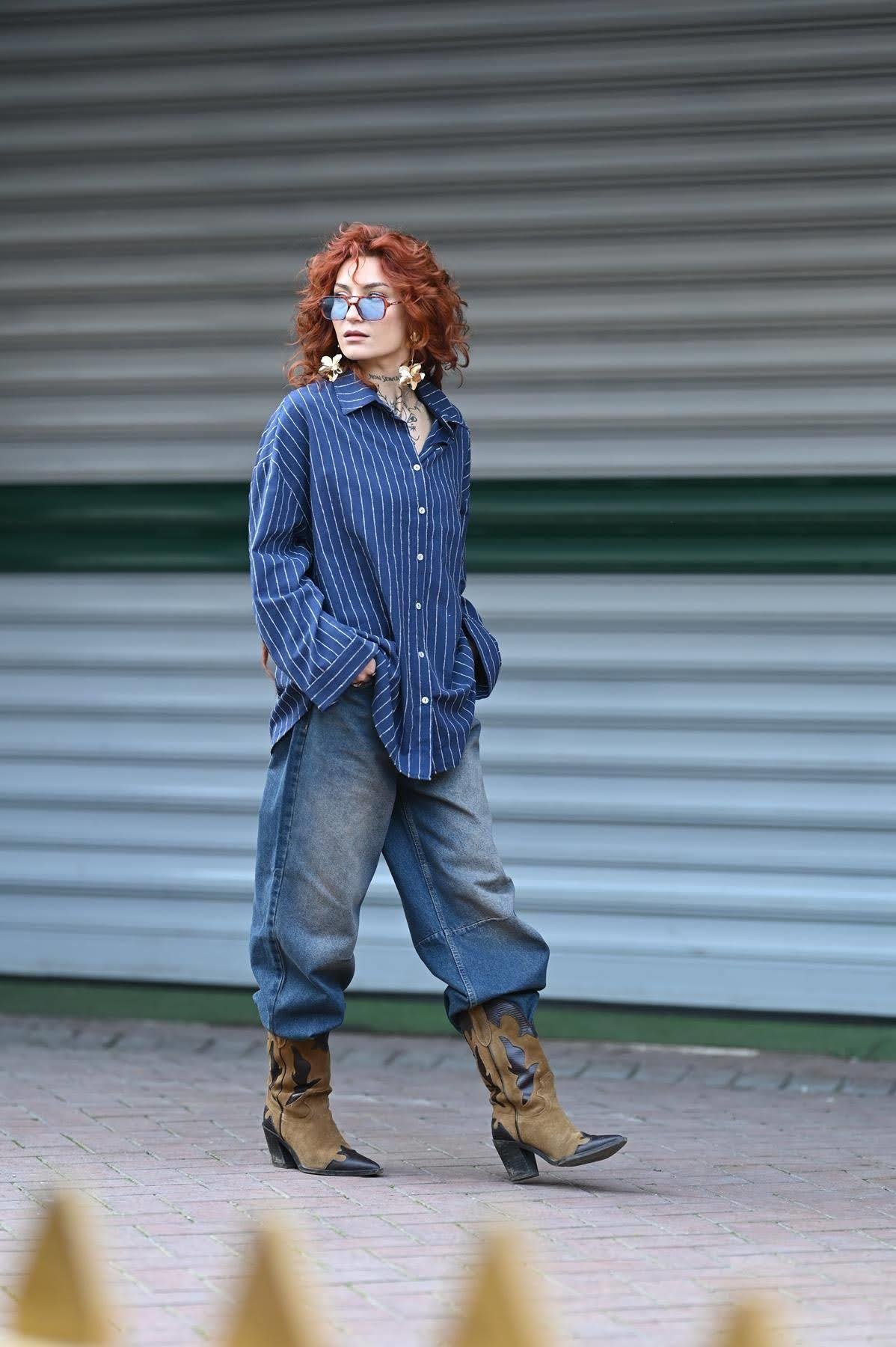 Navy Blue Striped Linen Shirt
