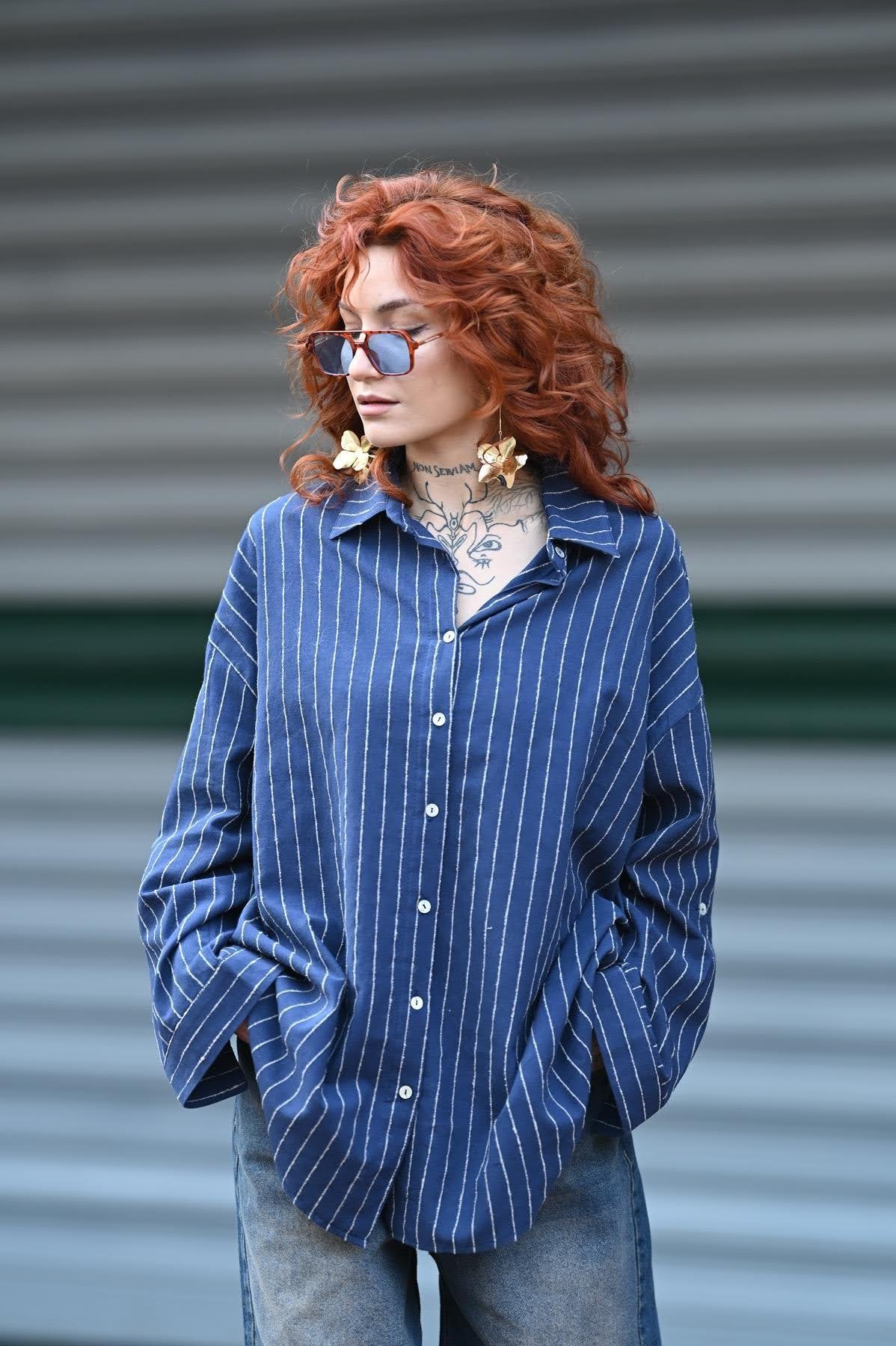 Navy Blue Striped Linen Shirt
