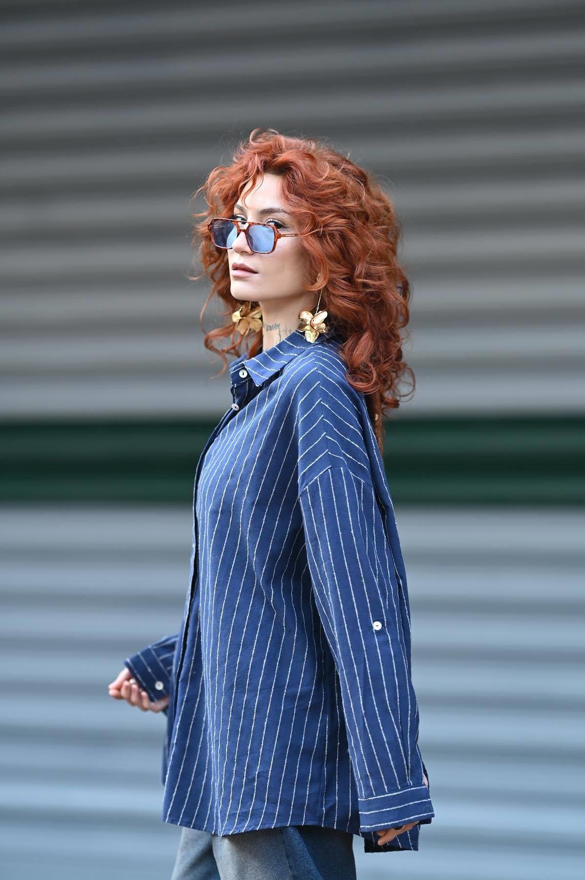 Navy Blue Striped Linen Shirt