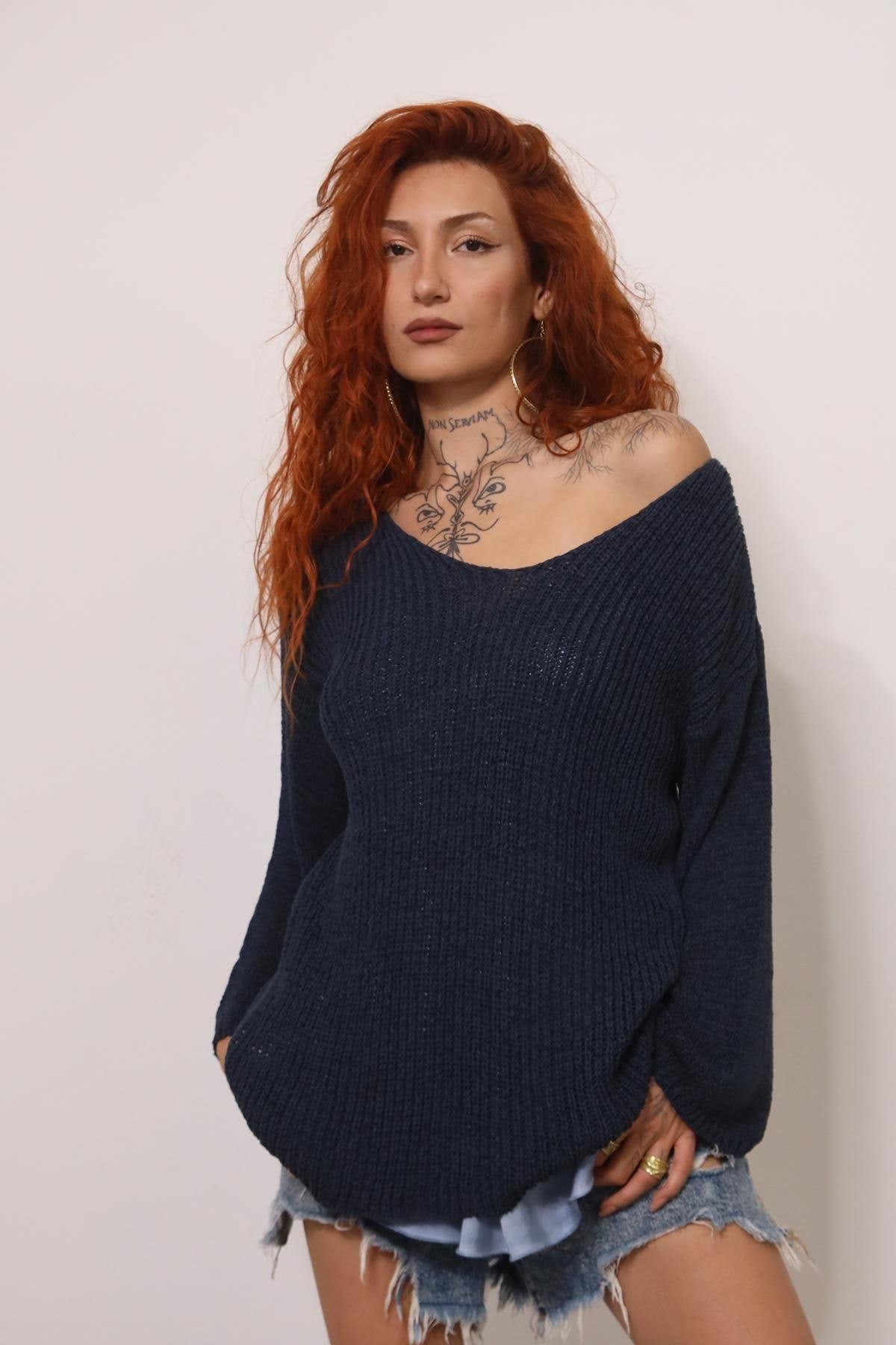 Lacivert V Yaka Uzun Kollu Merserize