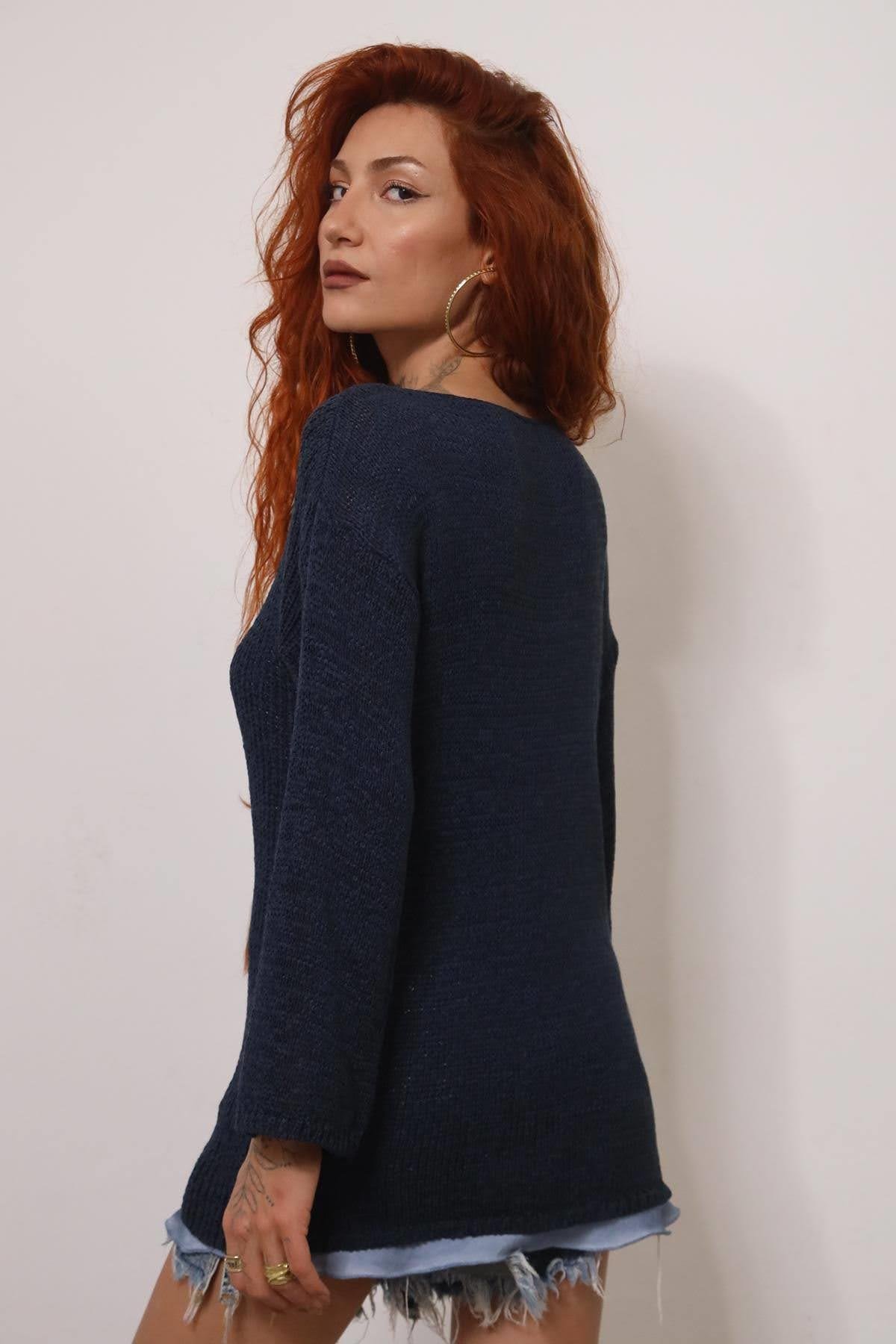 Lacivert V Yaka Uzun Kollu Merserize