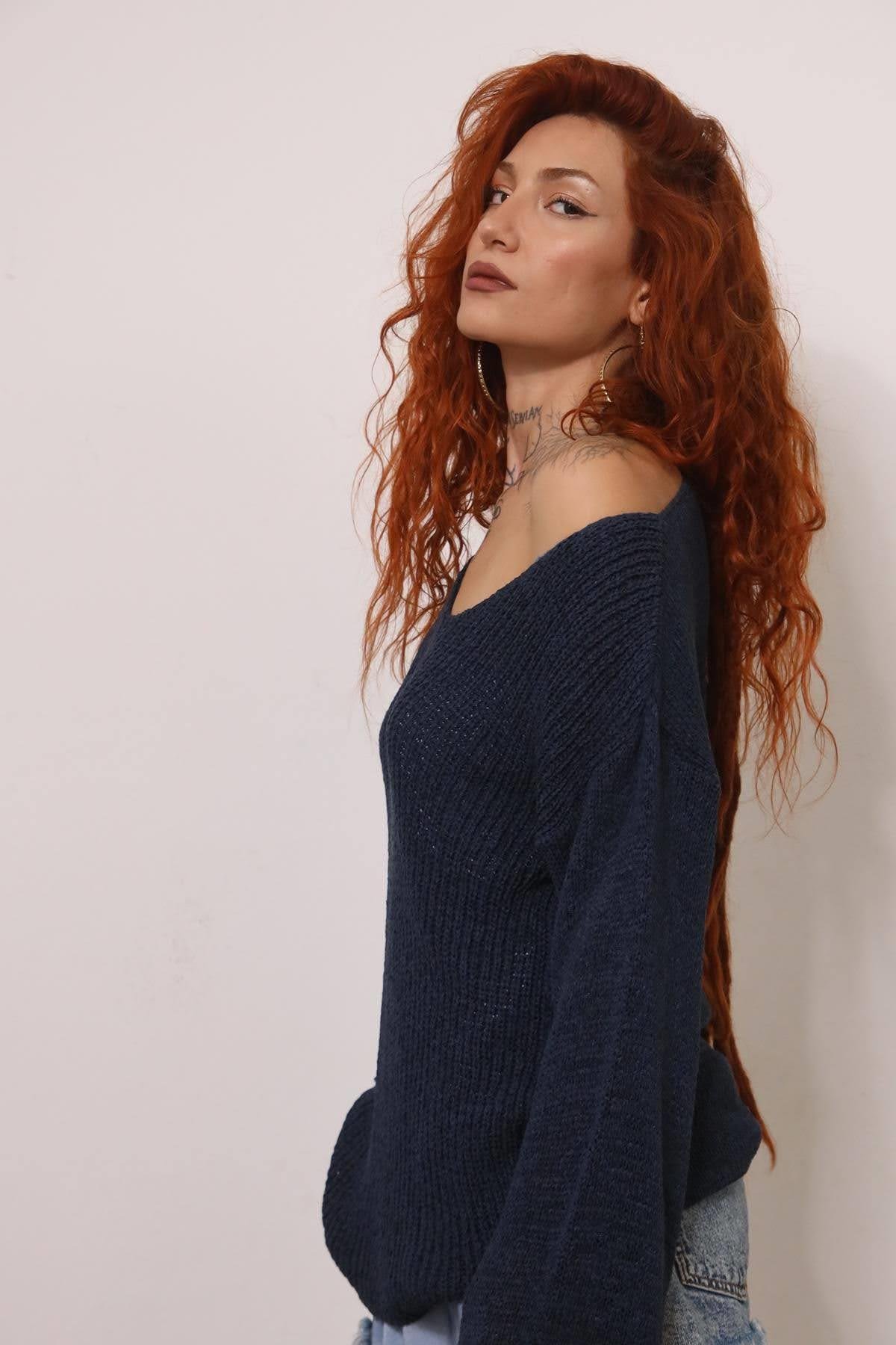 Lacivert V Yaka Uzun Kollu Merserize
