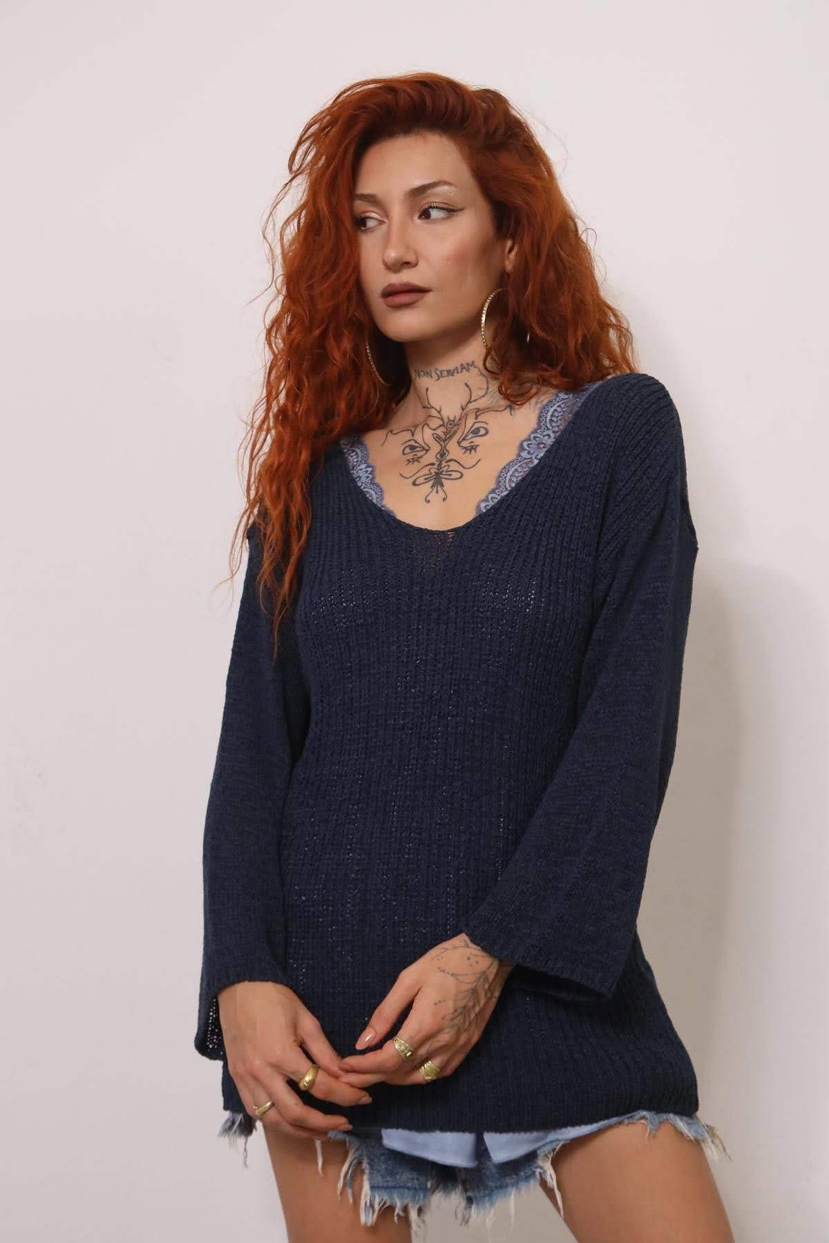 Lacivert V Yaka Uzun Kollu Merserize