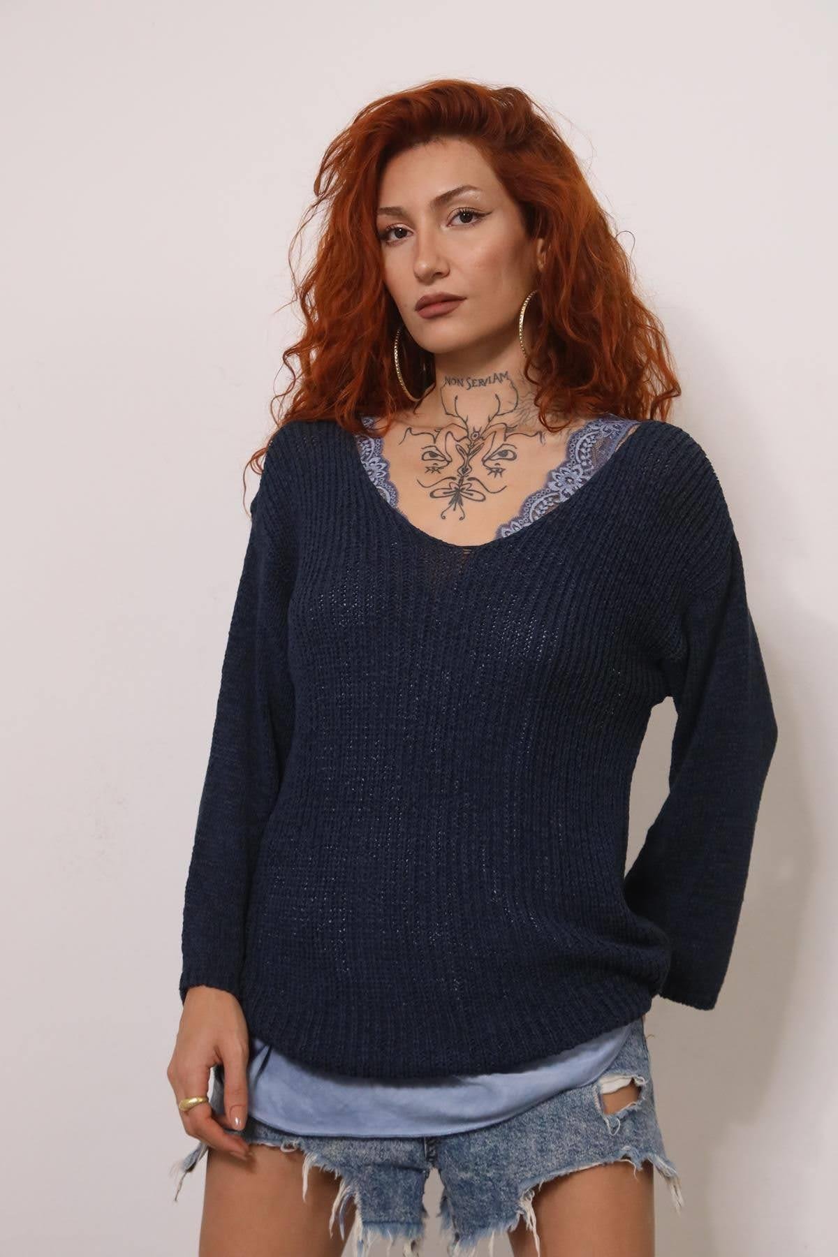 Lacivert V Yaka Uzun Kollu Merserize