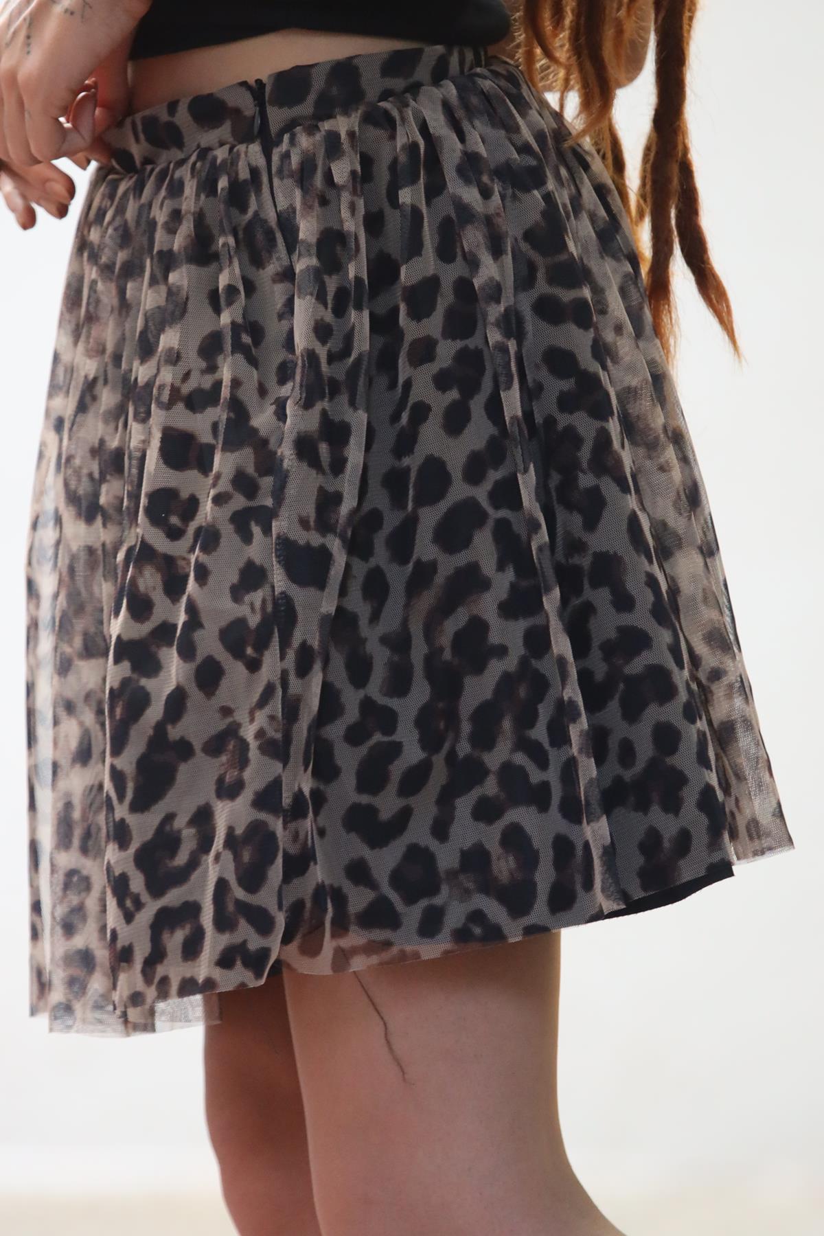 Leopar Desenli Mini Tül Etek