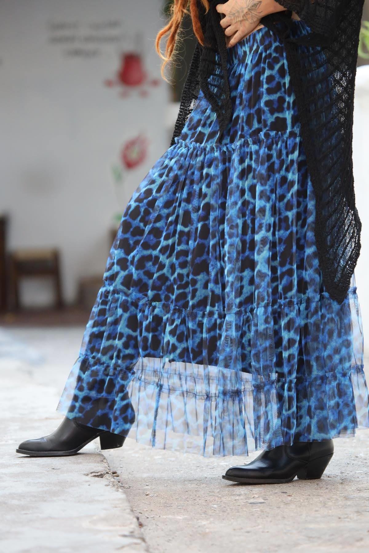 Mavi Desenli Kat Kat Tül Etek