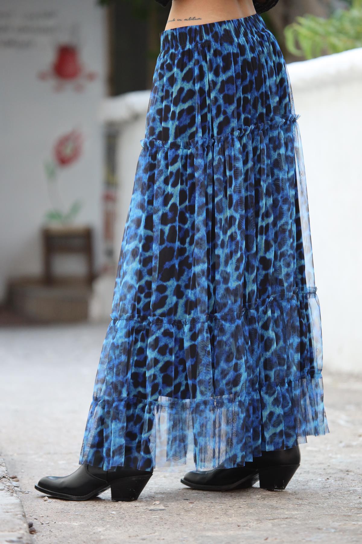 Mavi Desenli Kat Kat Tül Etek