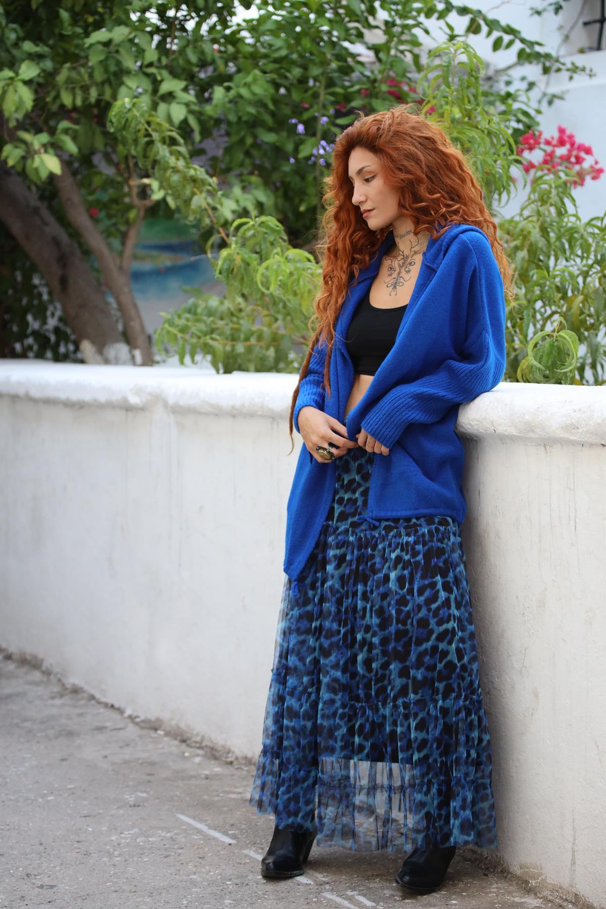 Mavi Desenli Kat Kat Tül Etek