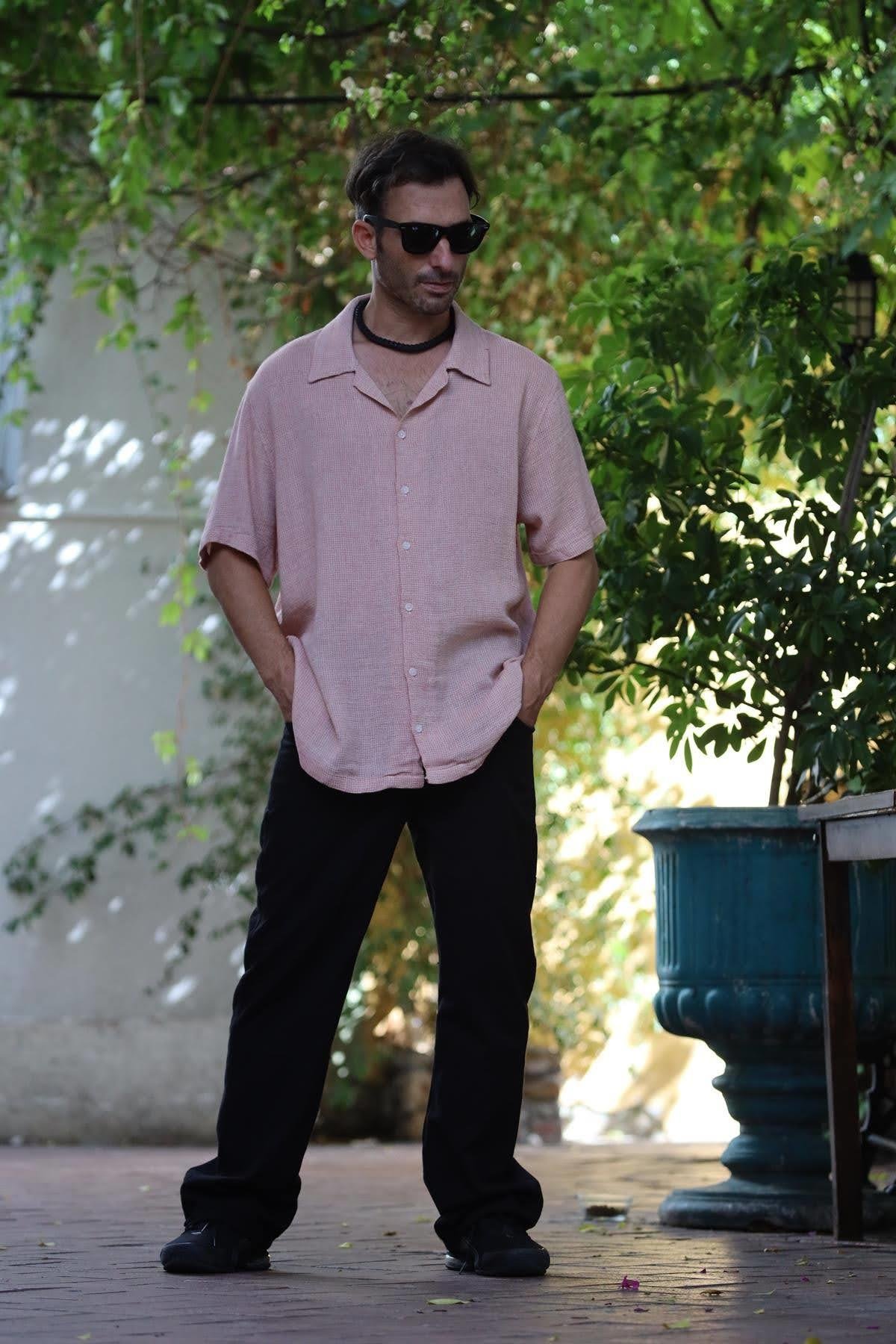 Mercan Rengi Örme Pamuk Kumaş Kısa Kollu Erkek Gömlek