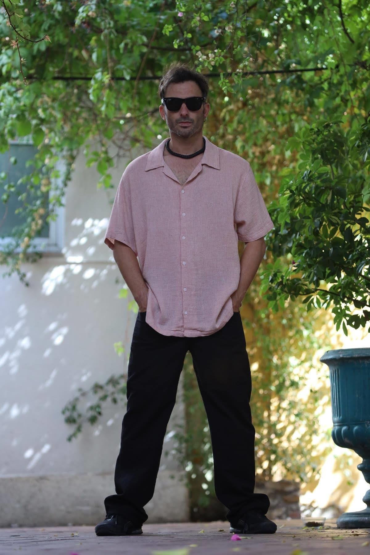 Mercan Rengi Örme Pamuk Kumaş Kısa Kollu Erkek Gömlek