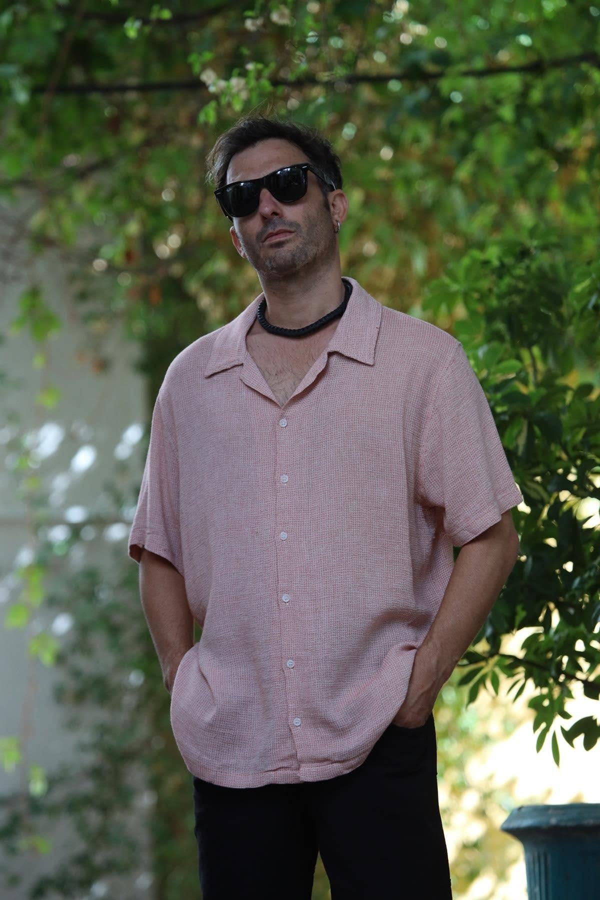 Mercan Rengi Örme Pamuk Kumaş Kısa Kollu Erkek Gömlek