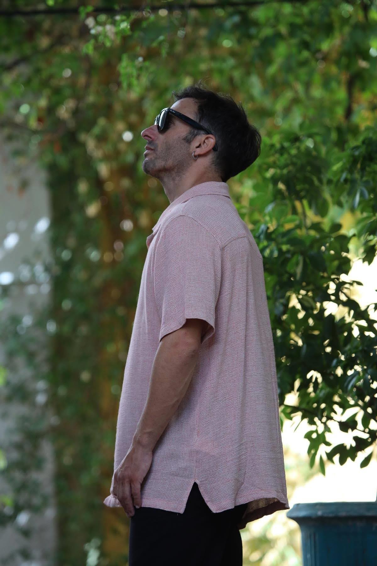 Mercan Rengi Örme Pamuk Kumaş Kısa Kollu Erkek Gömlek