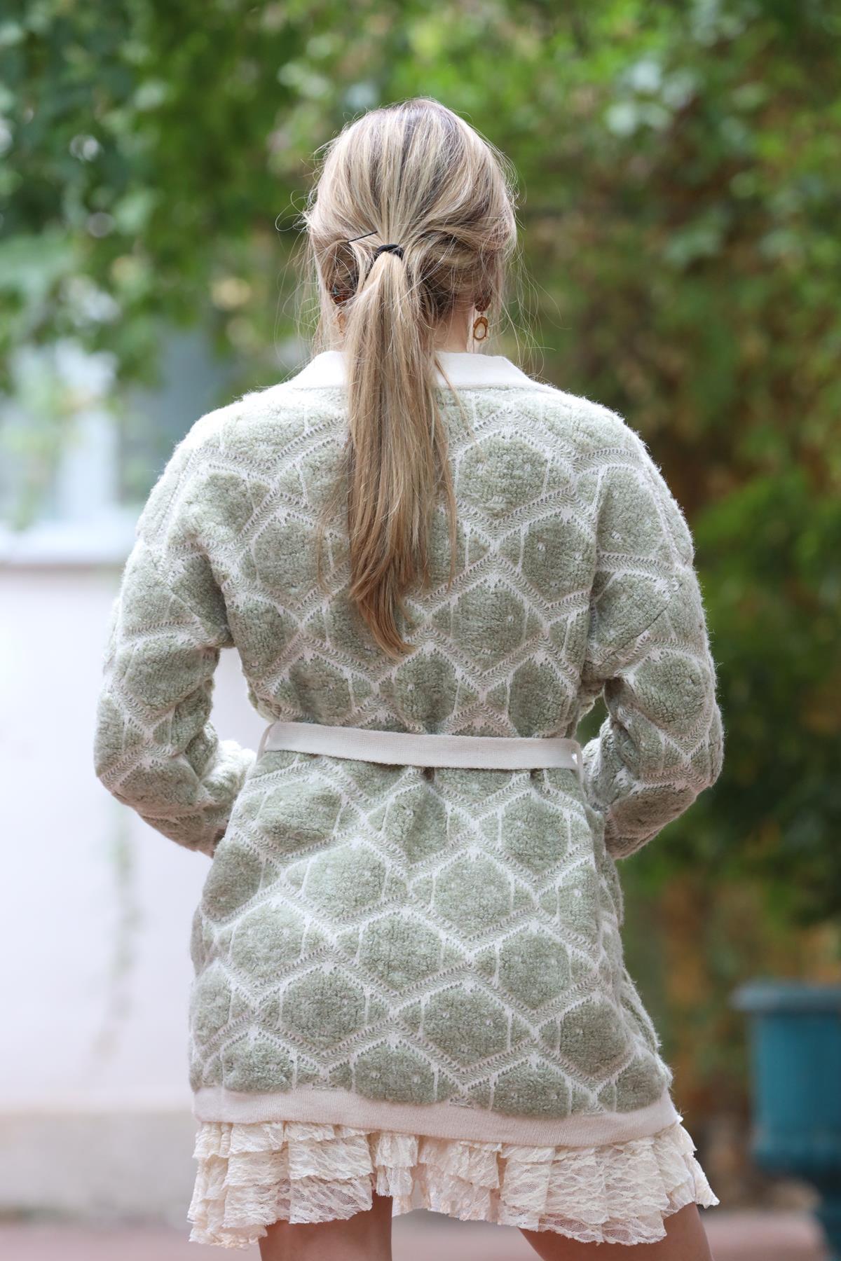 Mint Yeşili Baklava Desenli Kuşaklı Hırka