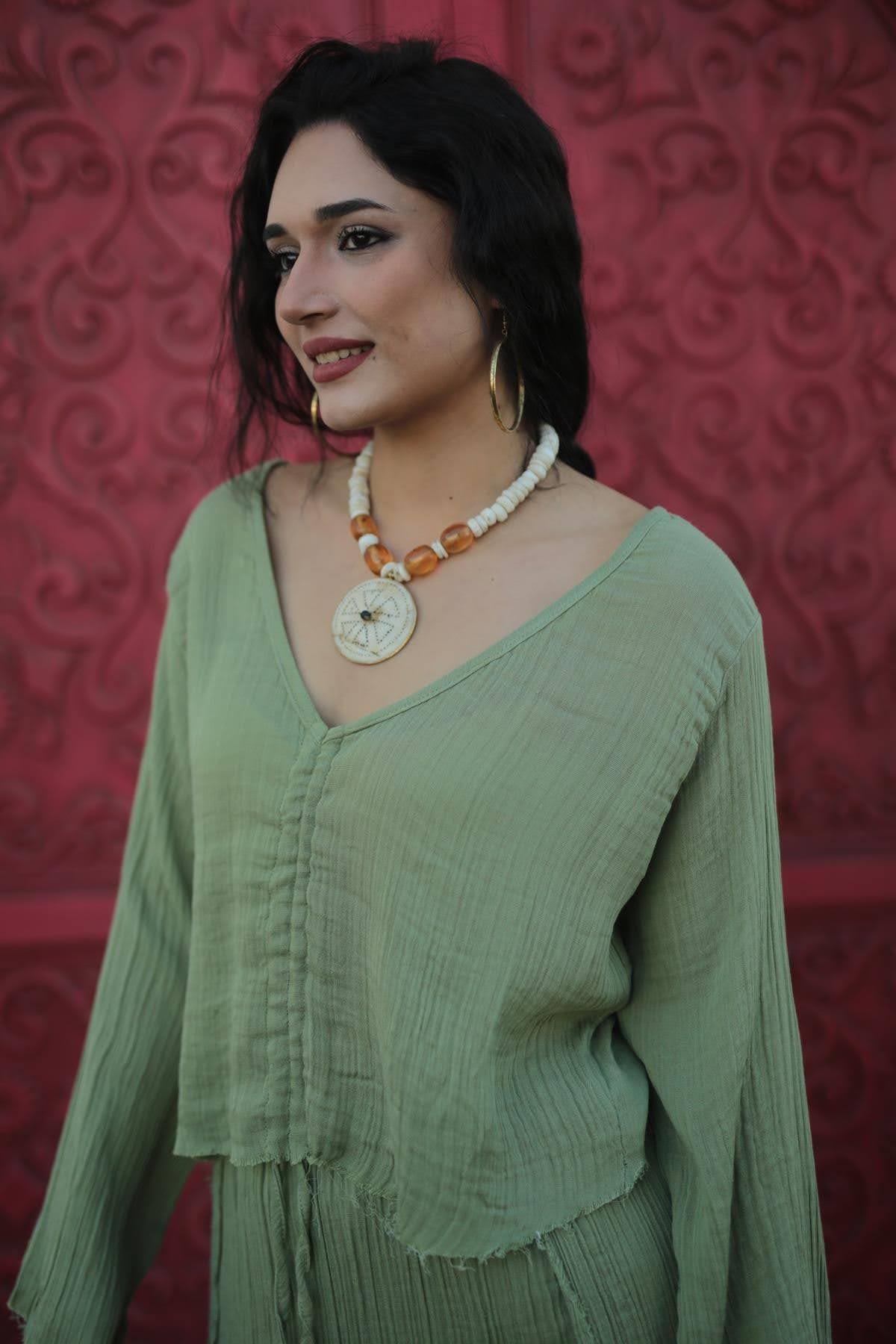 Mint Yeşili Önü Büzgülü Bluz ve Yırtmaçlı Etek Müslin Takım