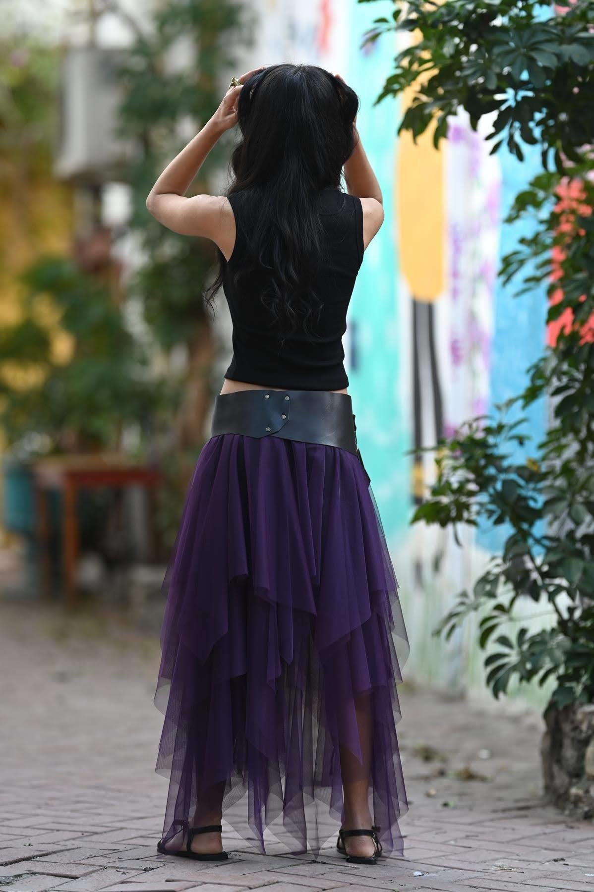 Mor Beli Lastikli Kat Kat Tül Etek