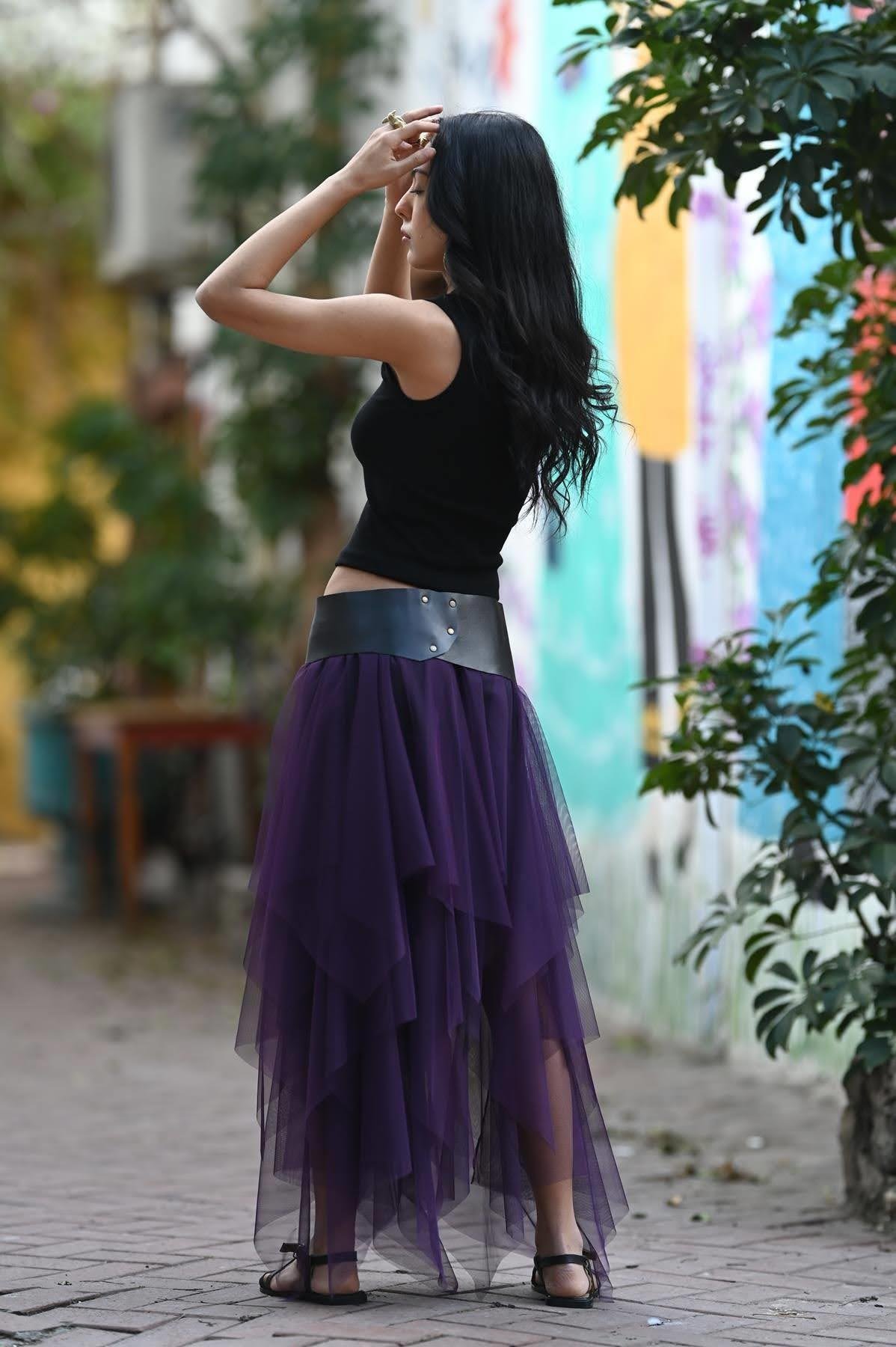 Mor Beli Lastikli Kat Kat Tül Etek