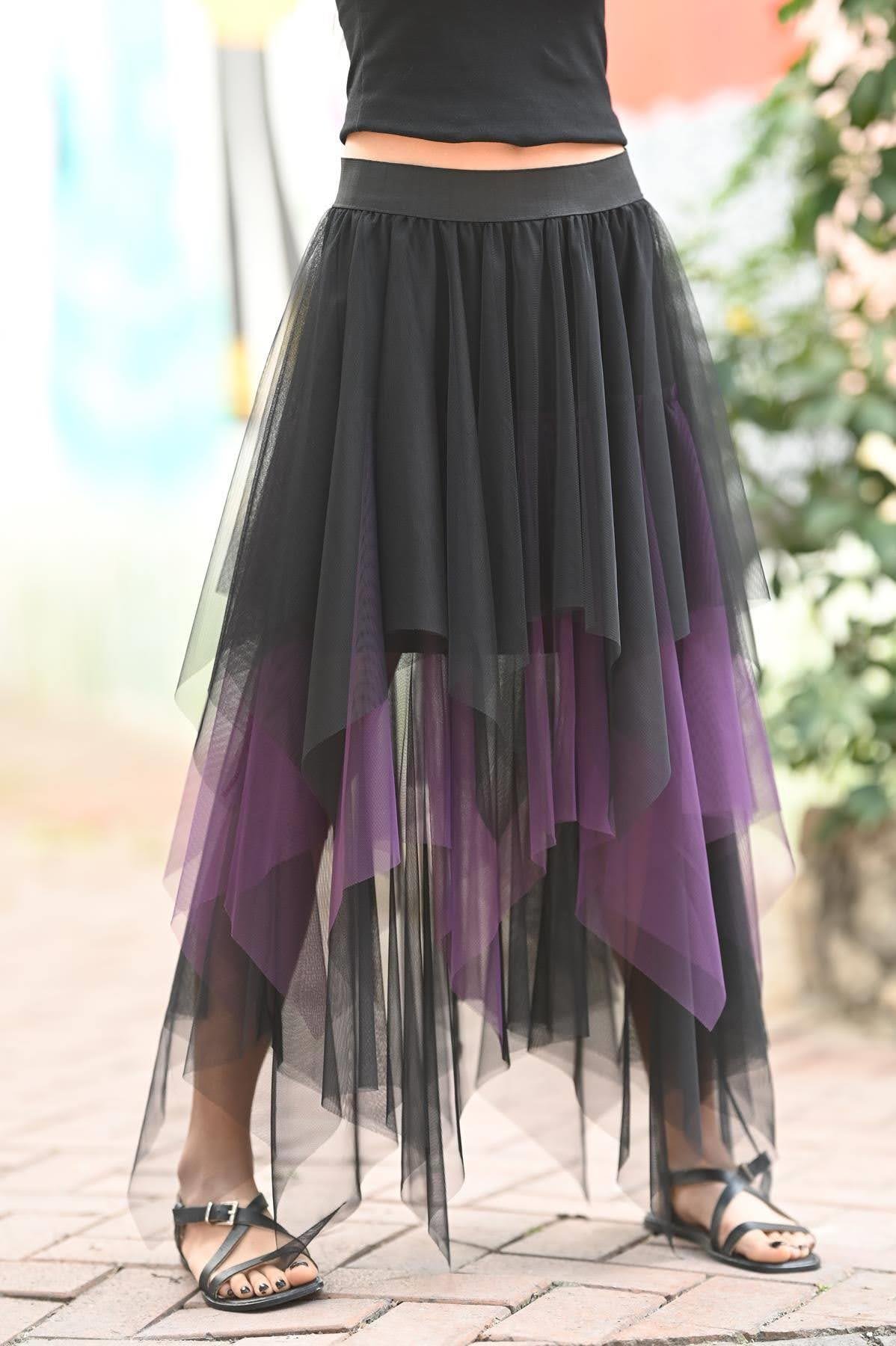 Mor Çift Renkli Kat Kat Tül Etek