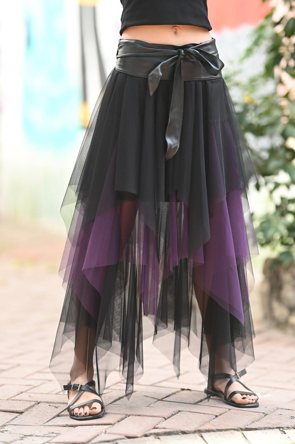 Mor Çift Renkli Kat Kat Tül Etek