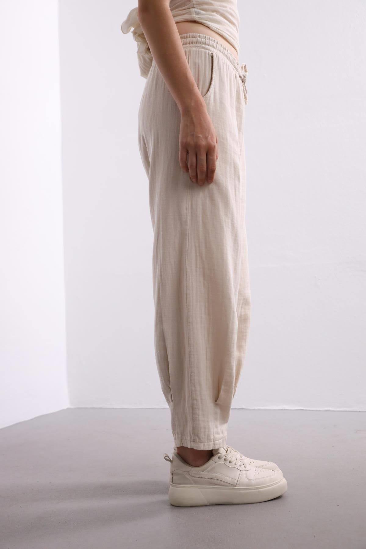 Beige Elastic Waist Trousers - Saman Butik | Shop Online Beige Elastic Waist Trousers