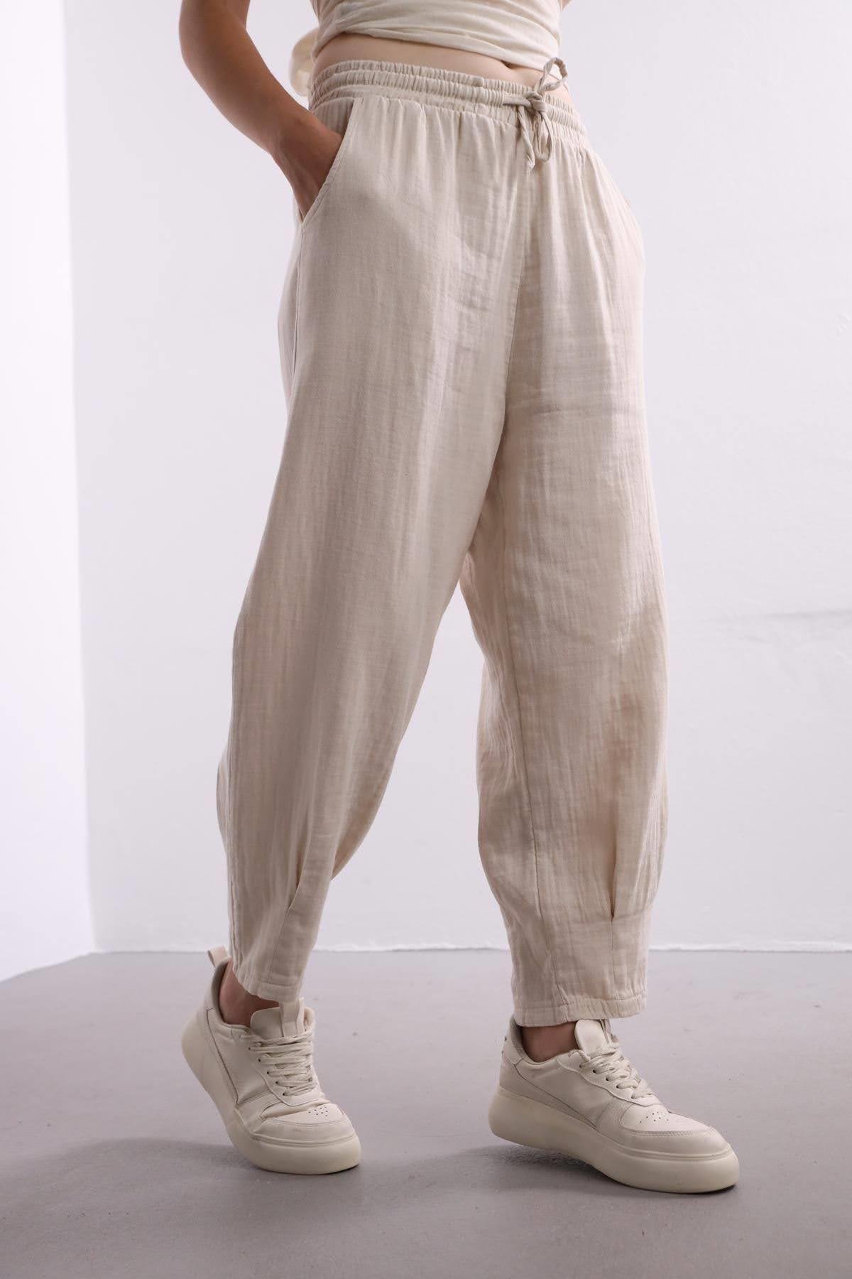 Beige Elastic Waist Trousers - Saman Butik | Shop Online Beige Elastic Waist Trousers