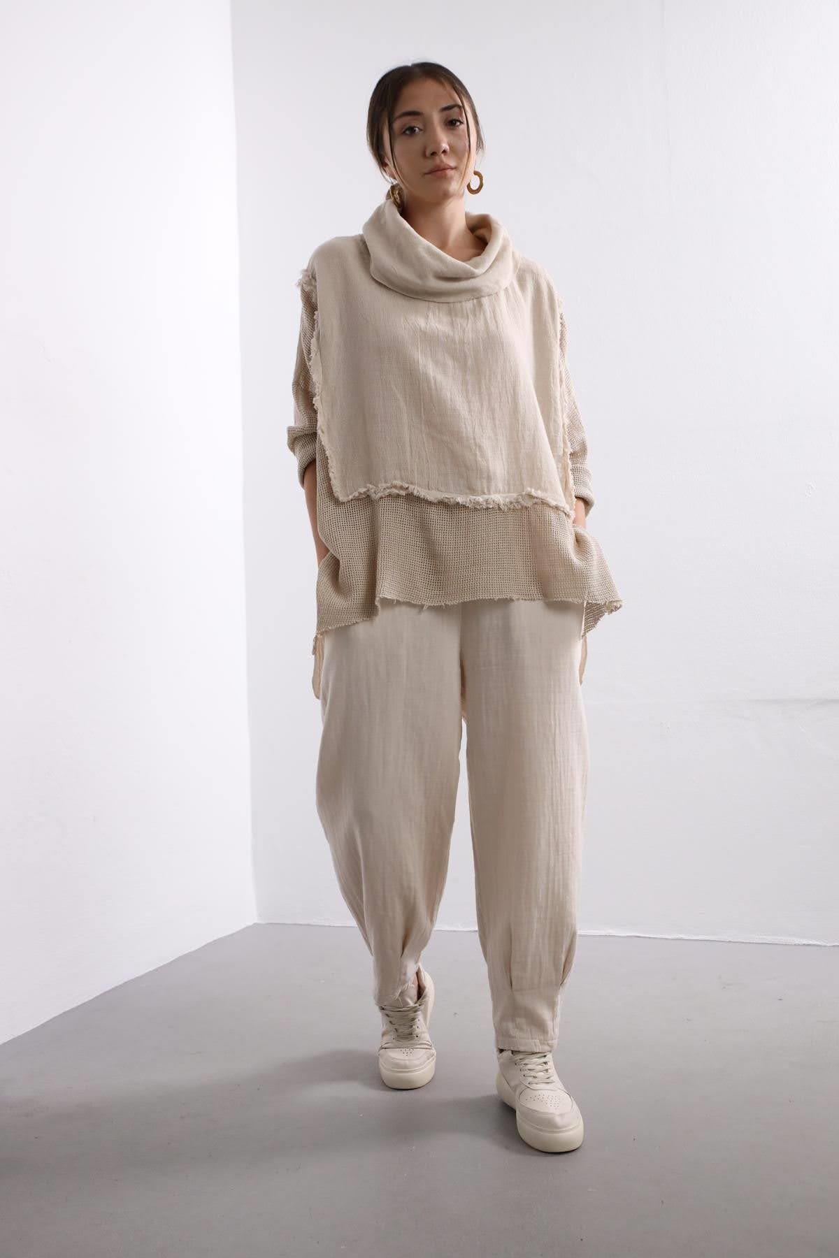 Beige Elastic Waist Trousers - Saman Butik | Shop Online Beige Elastic Waist Trousers