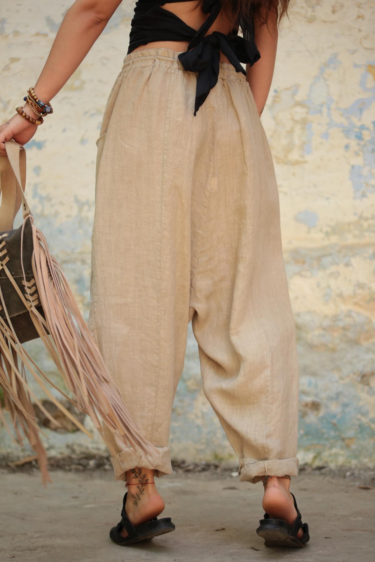  Bej Rengi Torba Cep Detay Keten Pantolon