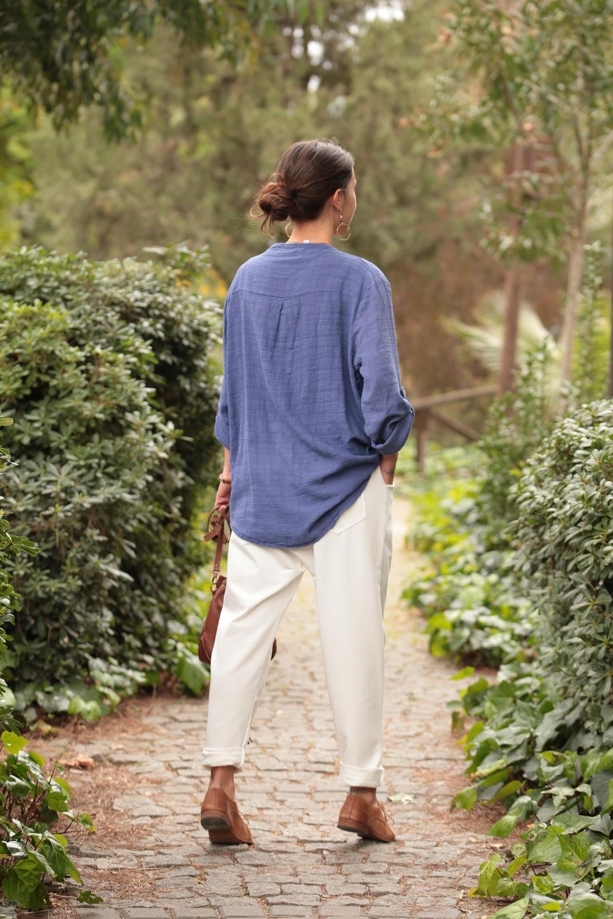 Navy Blue Floral Stitched Waist Shirt Dress - Şaman Butik White Crossover Drop Crotch Trousers