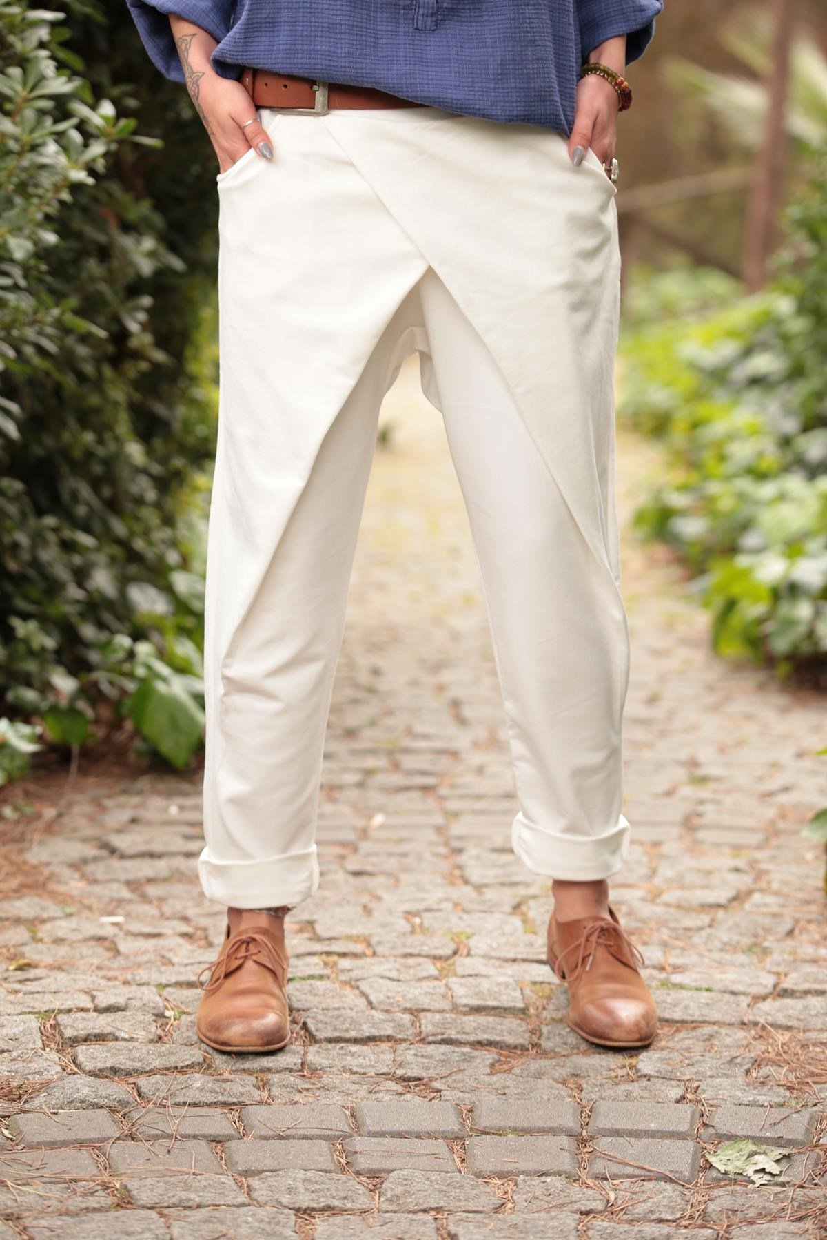 Navy Blue Floral Stitched Waist Shirt Dress - Şaman Butik White Crossover Drop Crotch Trousers