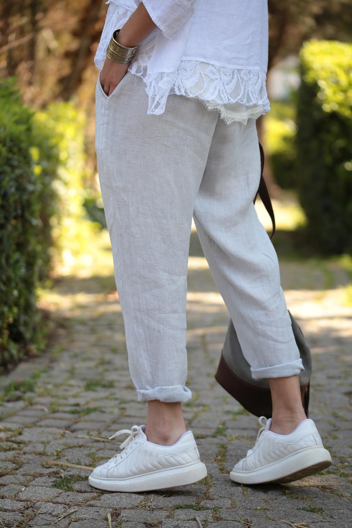  Buz Mavisi Cep Detay Keten Pantolon