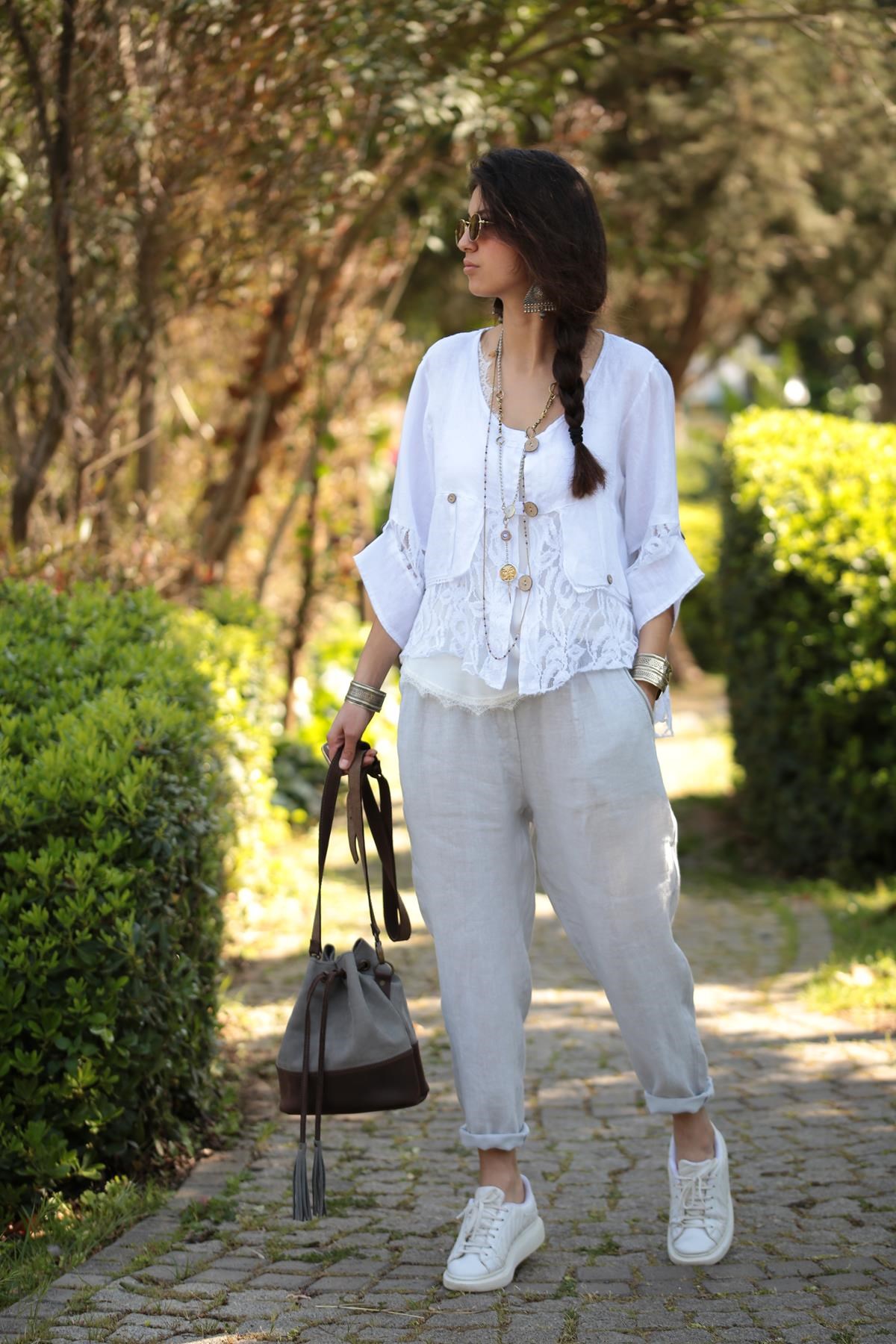  Buz Mavisi Cep Detay Keten Pantolon